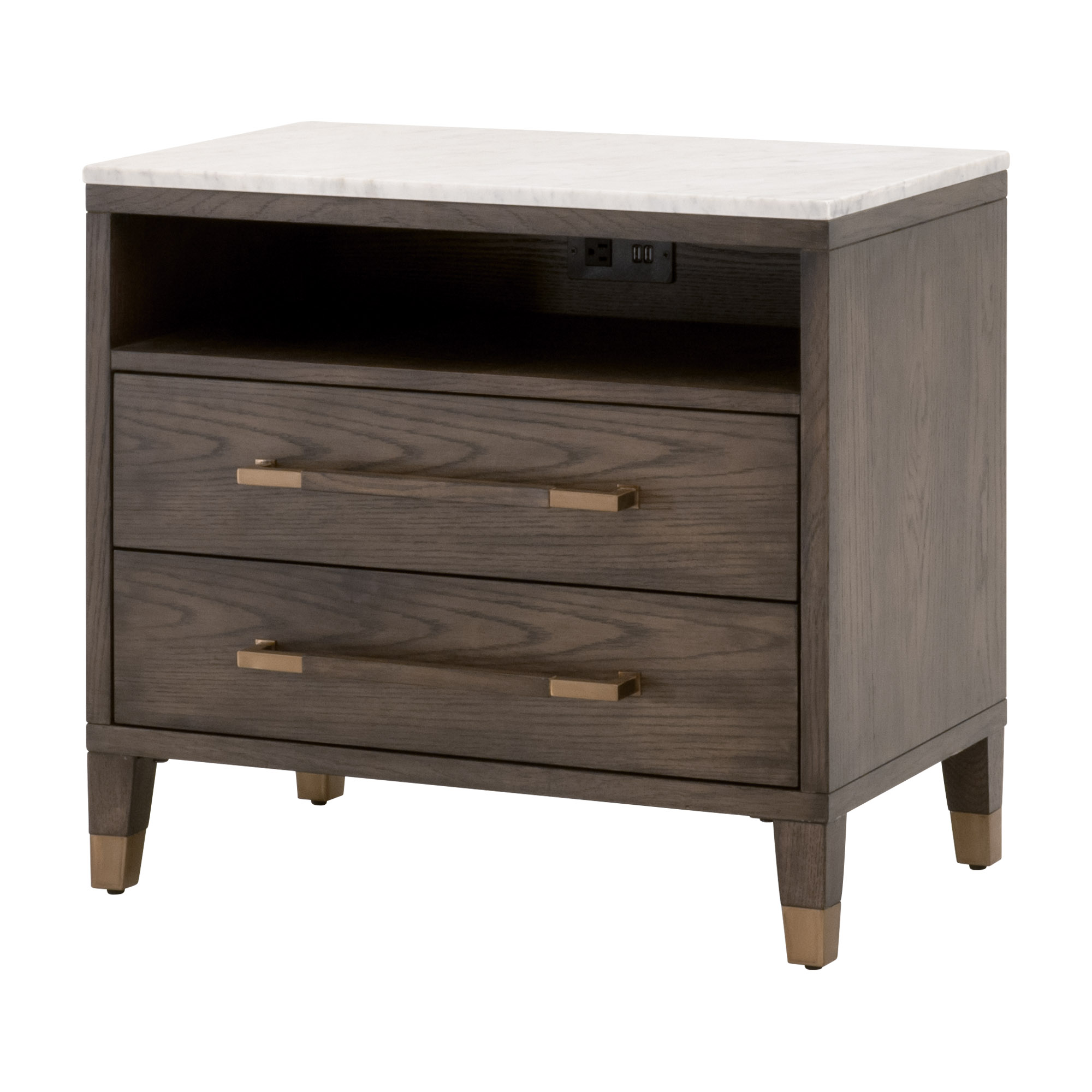 Essentials - Cambria 2-Drawer Nightstand in Dutch Brown Oak, Bianco Marble, Aged Brass