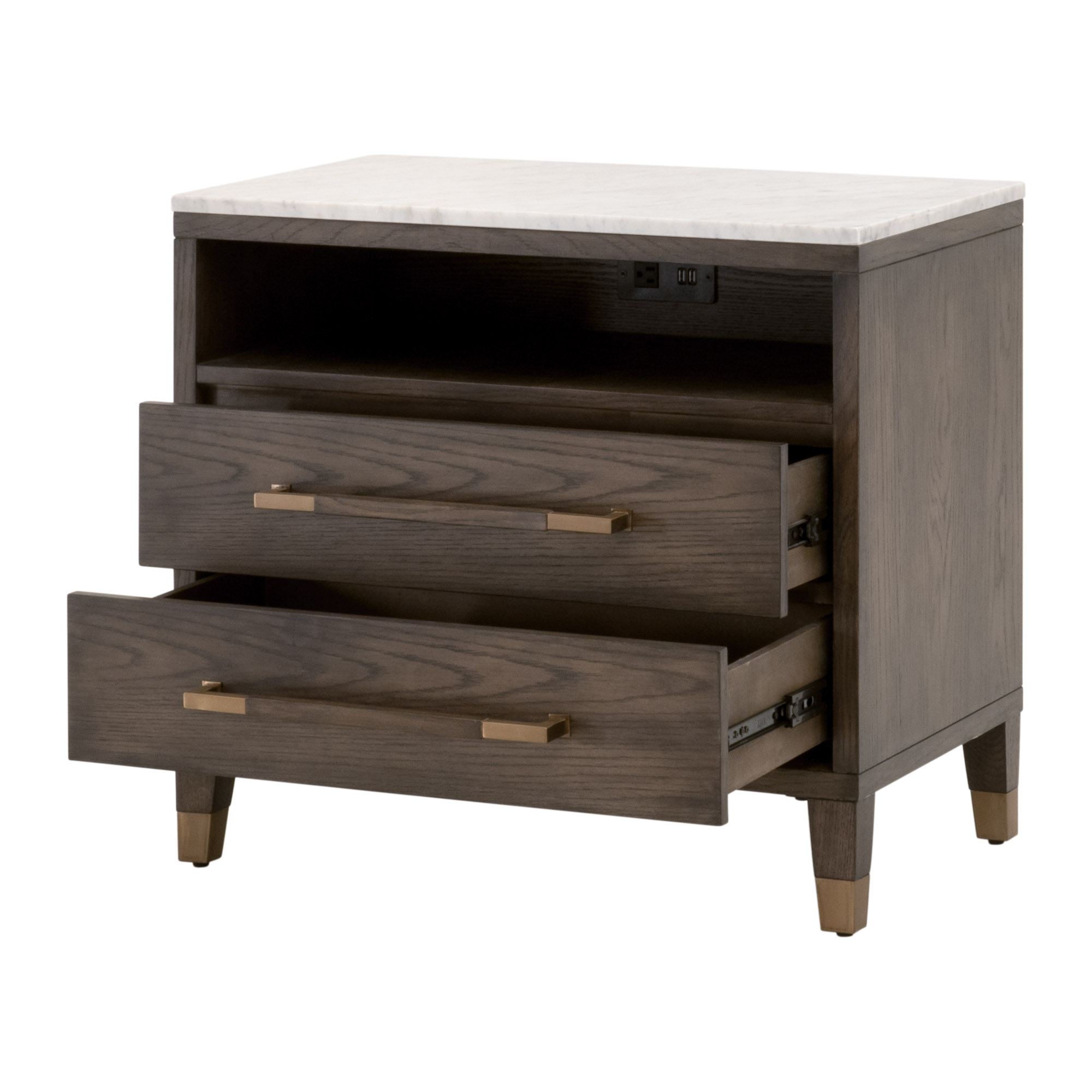 Essentials - Cambria 2-Drawer Nightstand in Dutch Brown Oak, Bianco Marble, Aged Brass