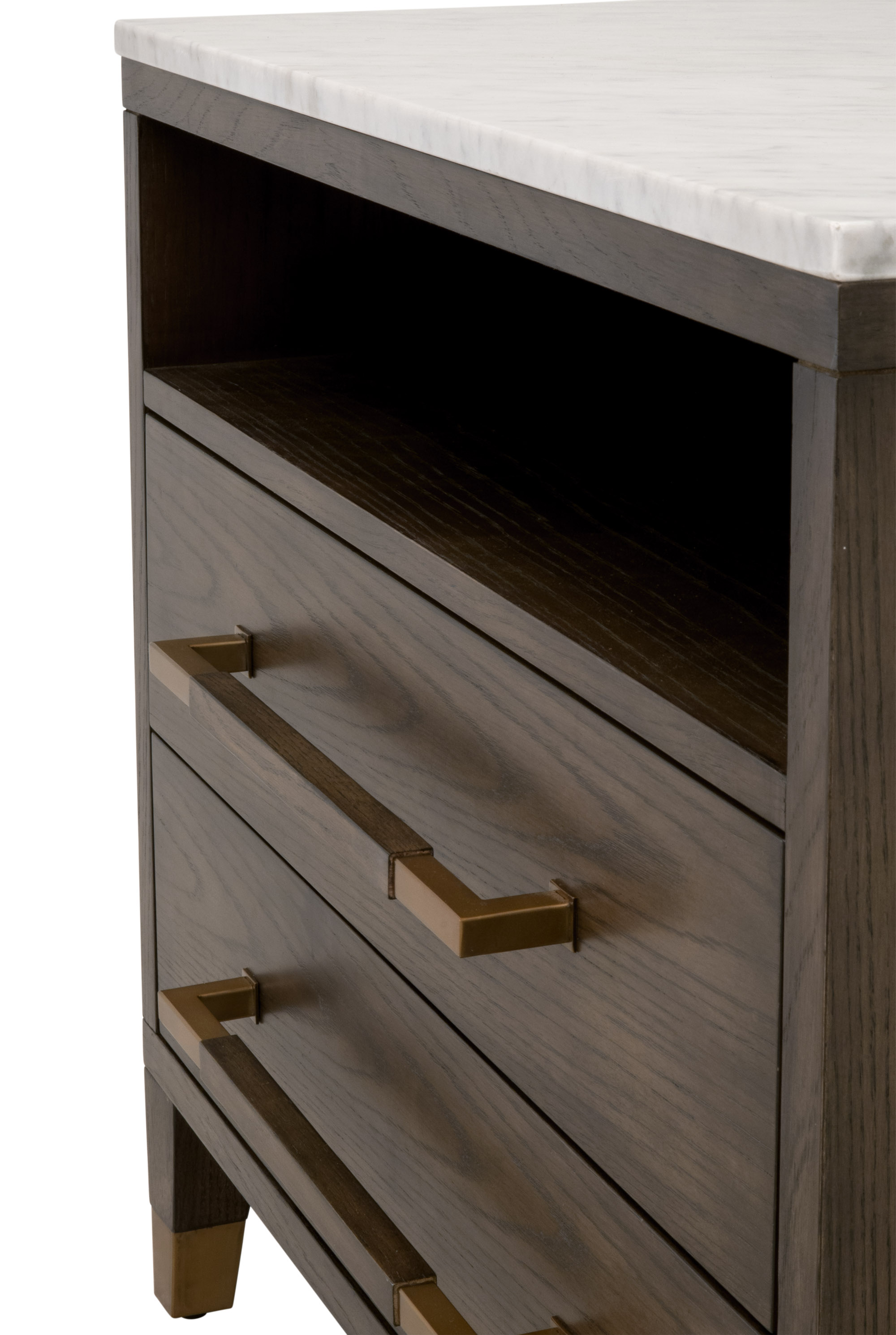 Essentials - Cambria 2-Drawer Nightstand in Dutch Brown Oak, Bianco Marble, Aged Brass