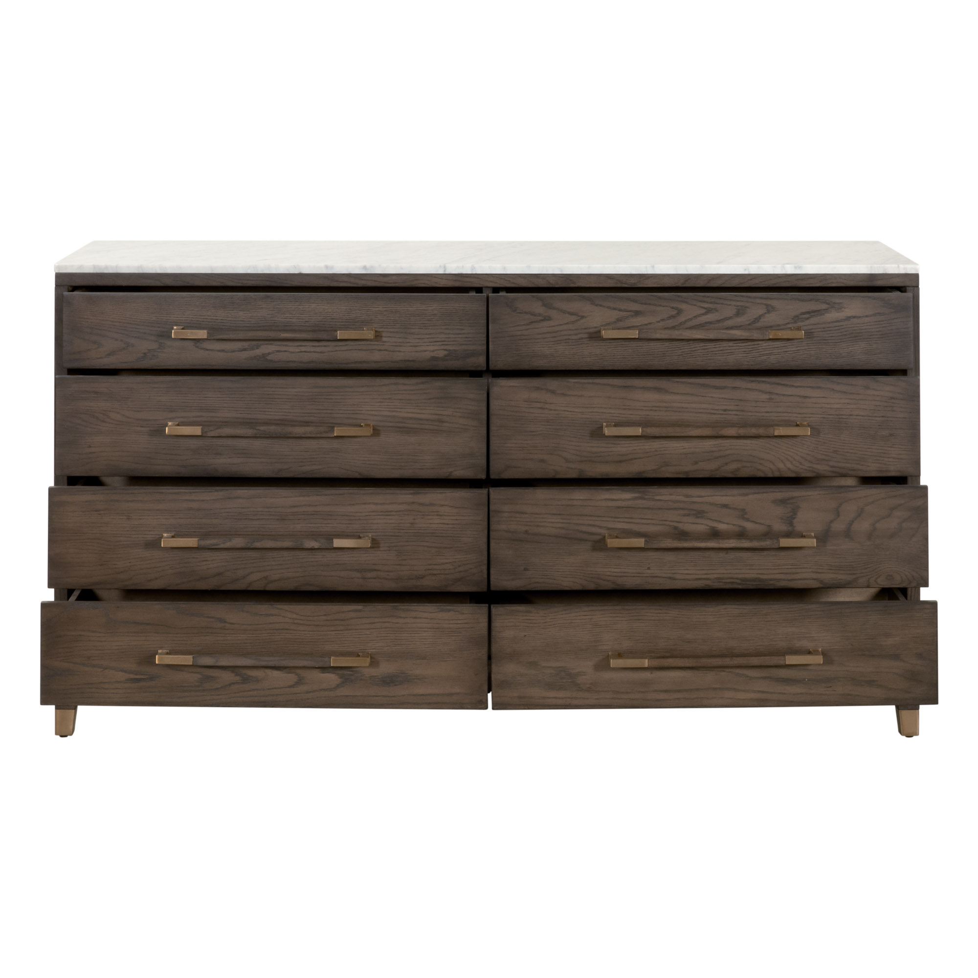 Essentials - Cambria 8-Drawer Double Dresser in Dutch Brown Oak, Bianco Marble, Aged Brass