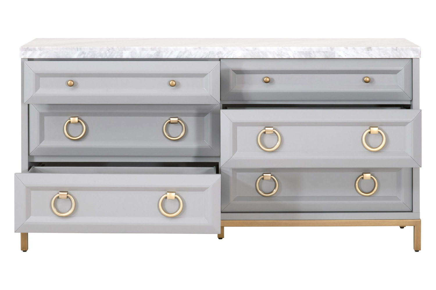 Essentials Traditions Azure Carrera 6-Drawer Double Dresser - Dove Gray, White Carrera Marble, Brushed Gold