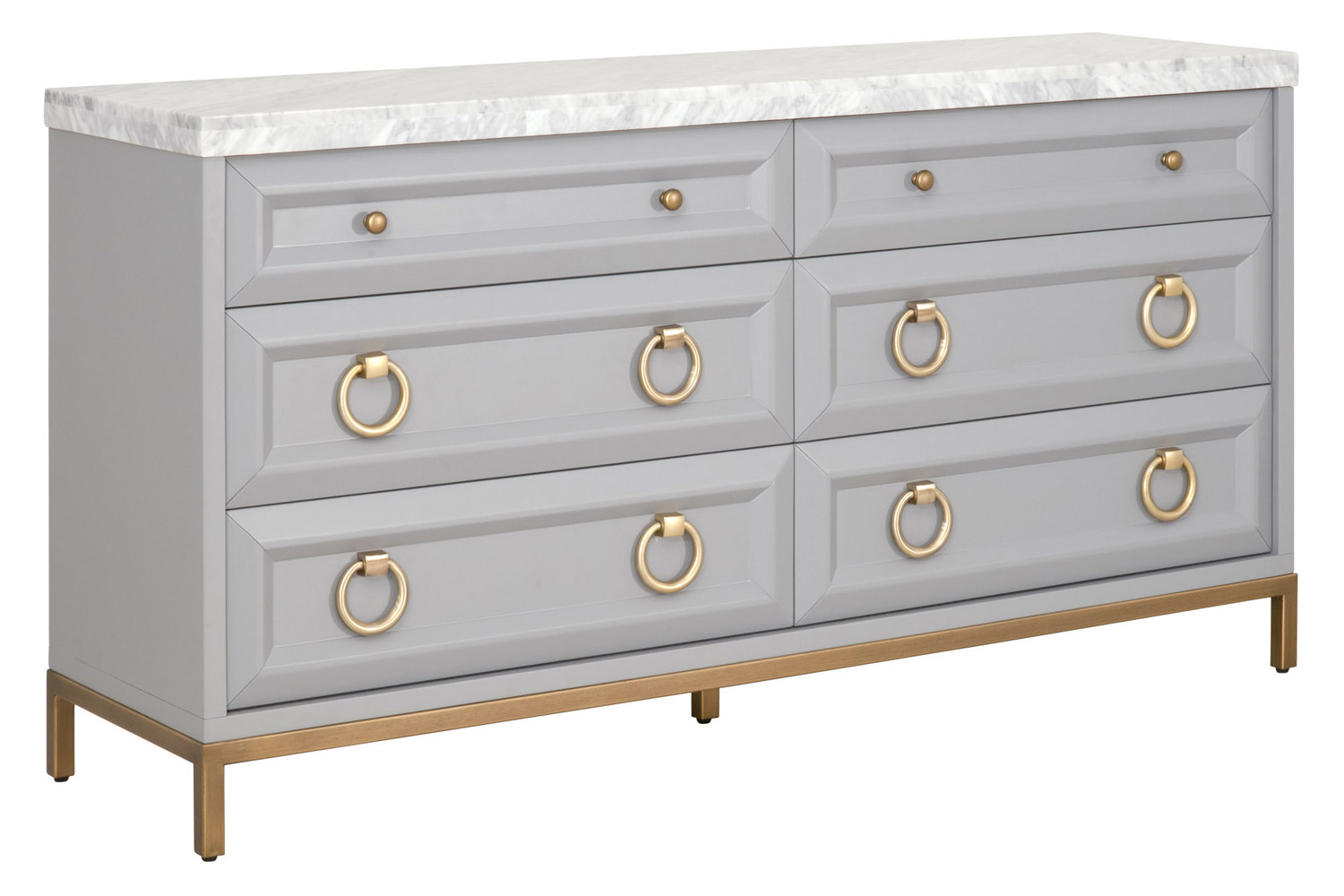 Essentials Traditions Azure Carrera 6-Drawer Double Dresser - Dove Gray, White Carrera Marble, Brushed Gold