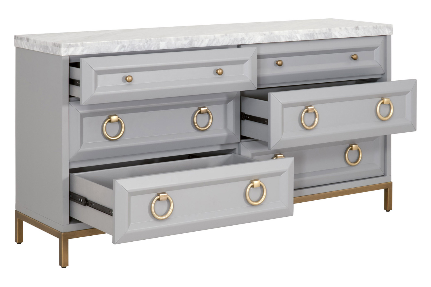 Essentials Traditions Azure Carrera 6-Drawer Double Dresser - Dove Gray, White Carrera Marble, Brushed Gold