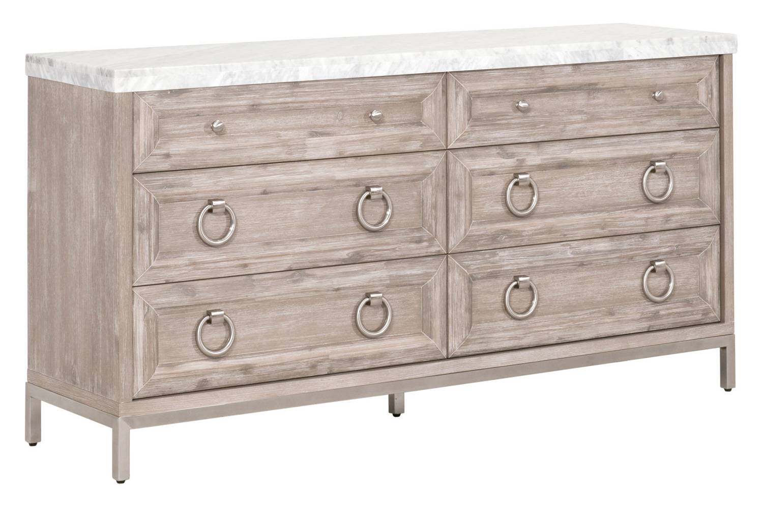 Essentials Traditions Azure Carrera 6-Drawer Double Dresser - Natural Gray Acacia, White Carrera Marble, Brushed Stainless Steel