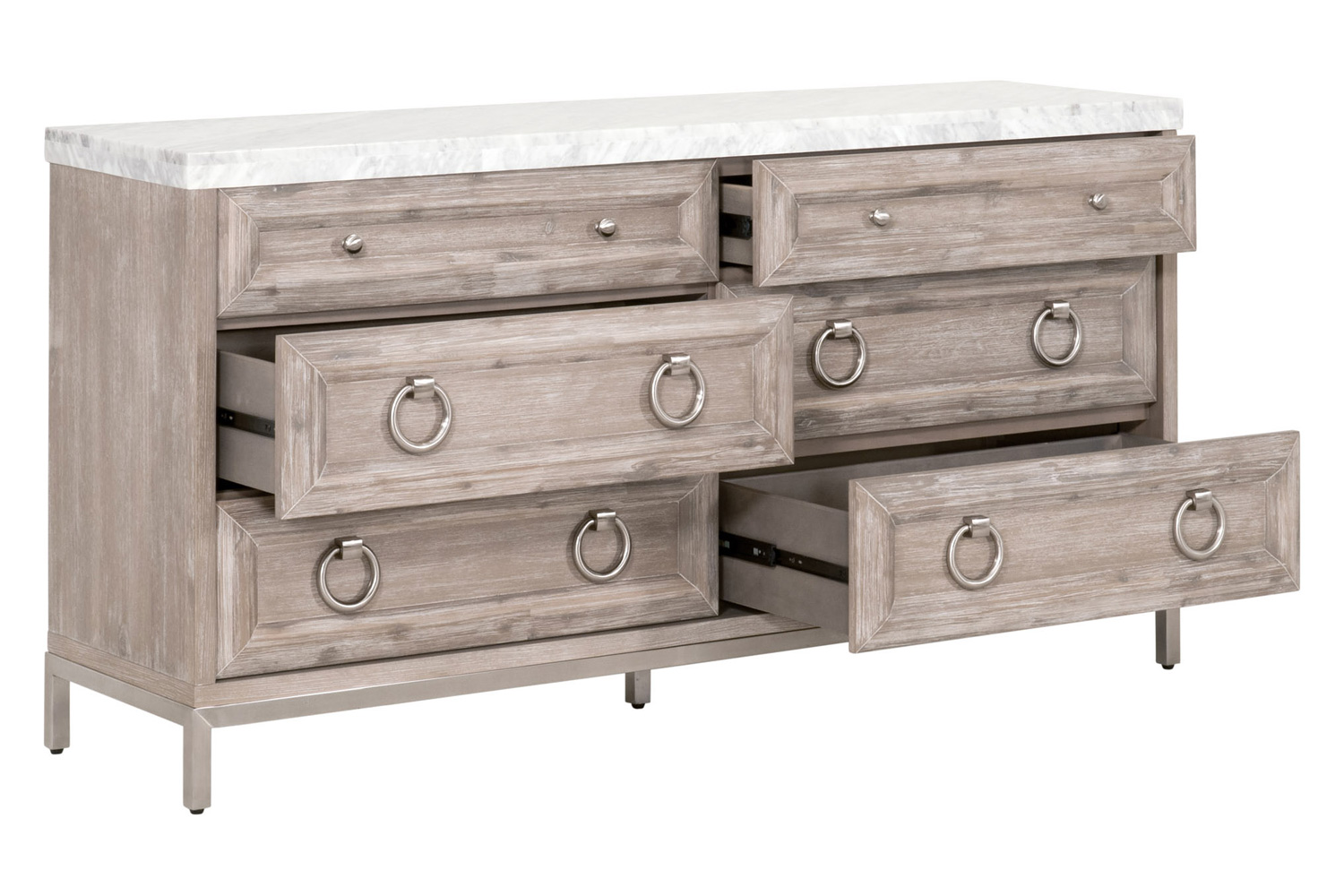 Essentials Traditions Azure Carrera 6-Drawer Double Dresser - Natural Gray Acacia, White Carrera Marble, Brushed Stainless Steel