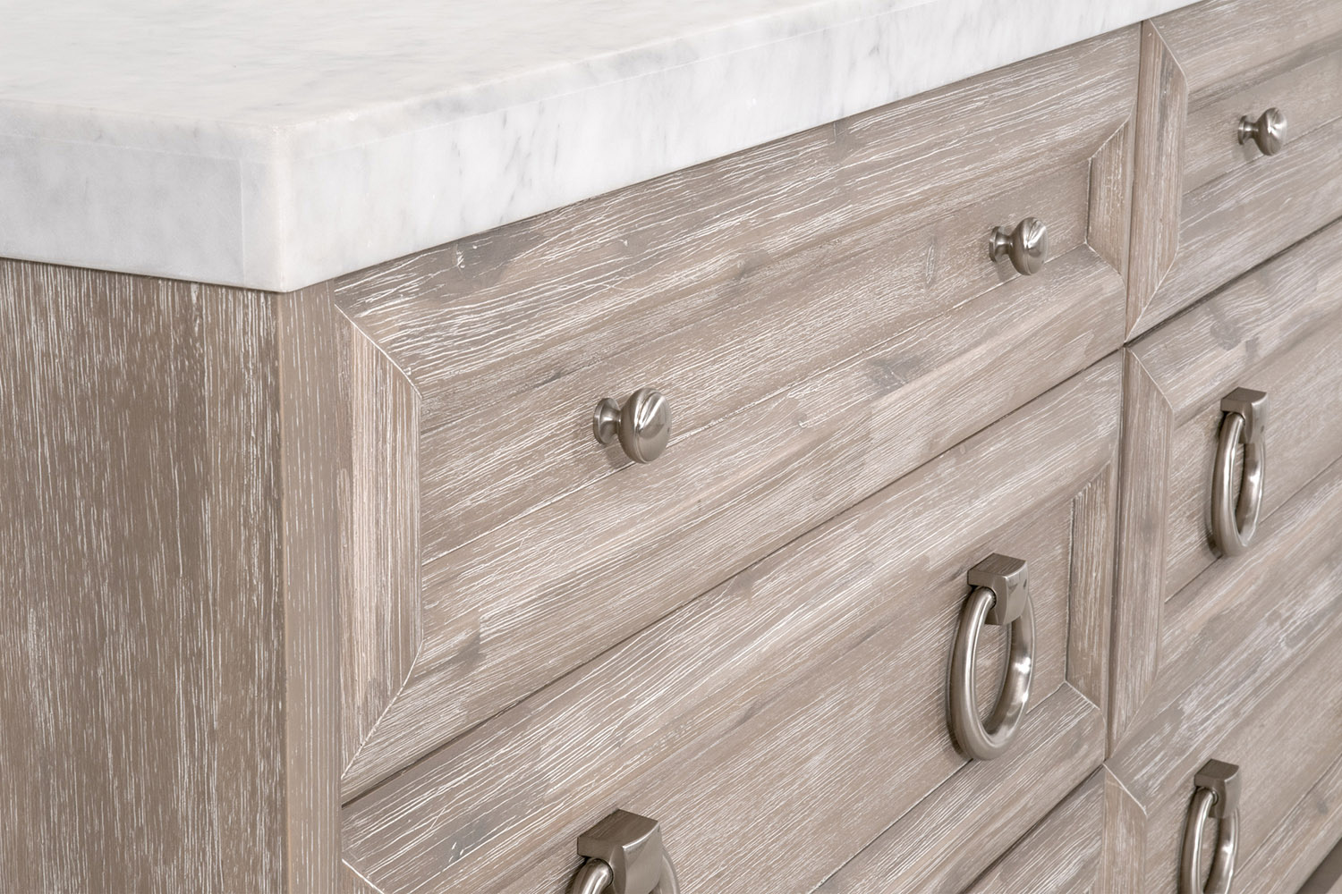 Essentials Traditions Azure Carrera 6-Drawer Double Dresser - Natural Gray Acacia, White Carrera Marble, Brushed Stainless Steel