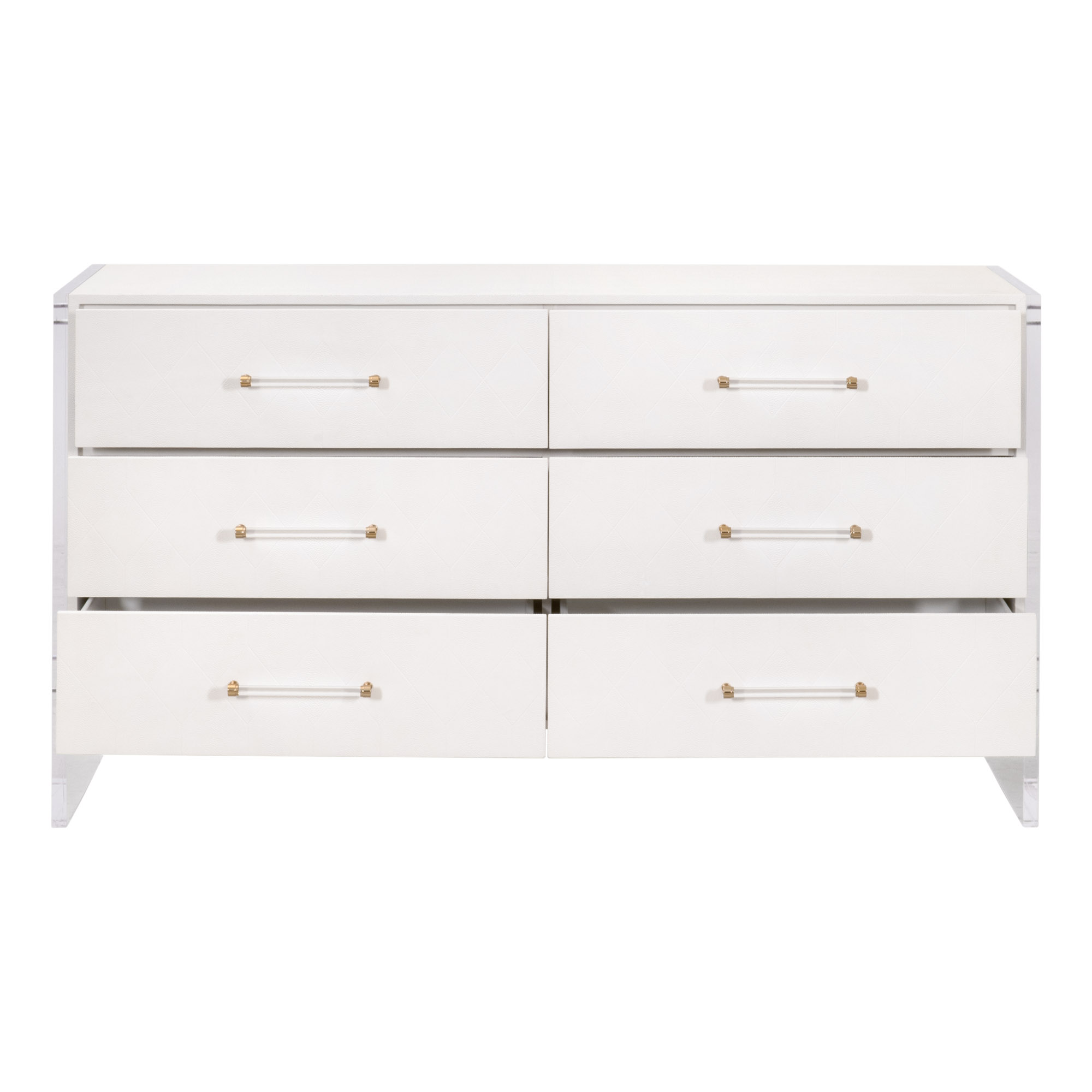 Essentials - Sonia 6-Drawer Double Dresser in Pearl Shagreen, Lucite, Brushed Brass