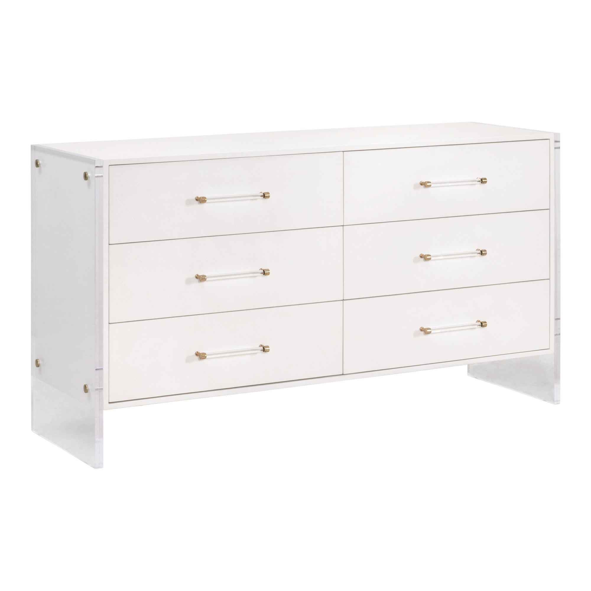 Essentials - Sonia 6-Drawer Double Dresser in Pearl Shagreen, Lucite, Brushed Brass