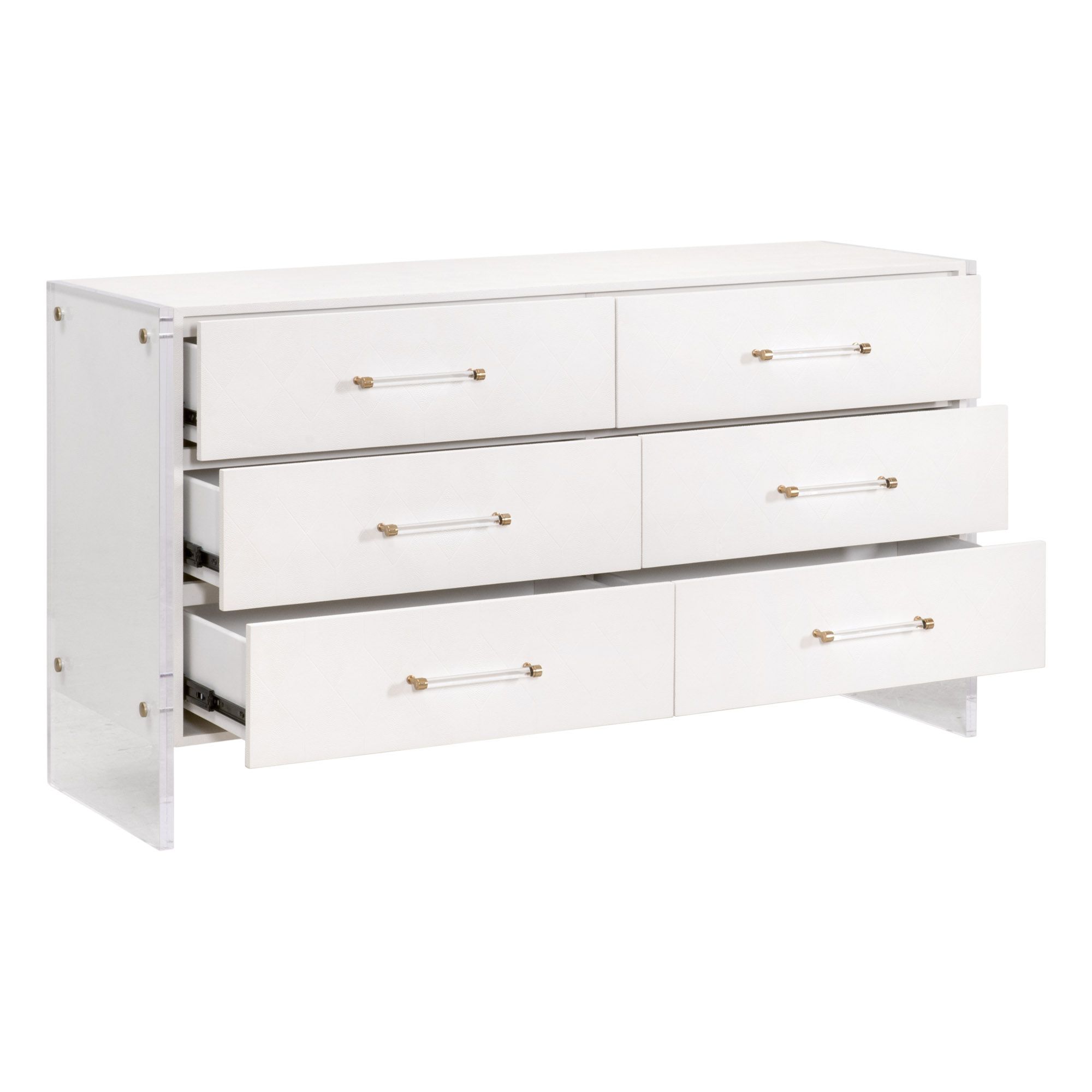 Essentials - Sonia 6-Drawer Double Dresser in Pearl Shagreen, Lucite, Brushed Brass