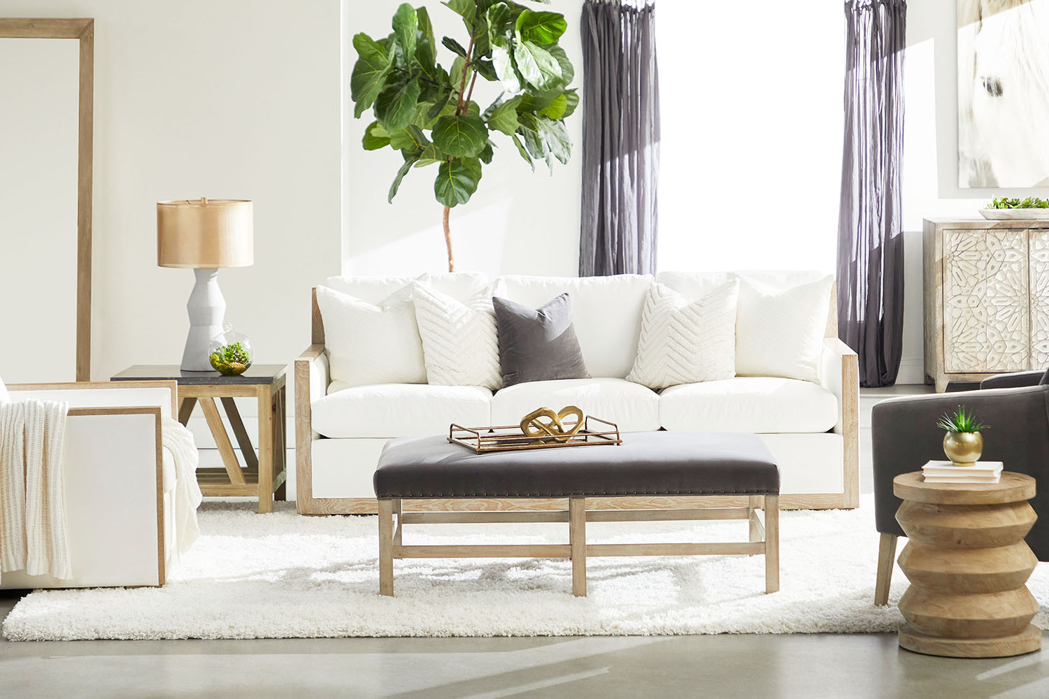 Essentials - Manhattan 85" Wood Trim Sofa in LiveSmart Peyton Pearl Natural Gray