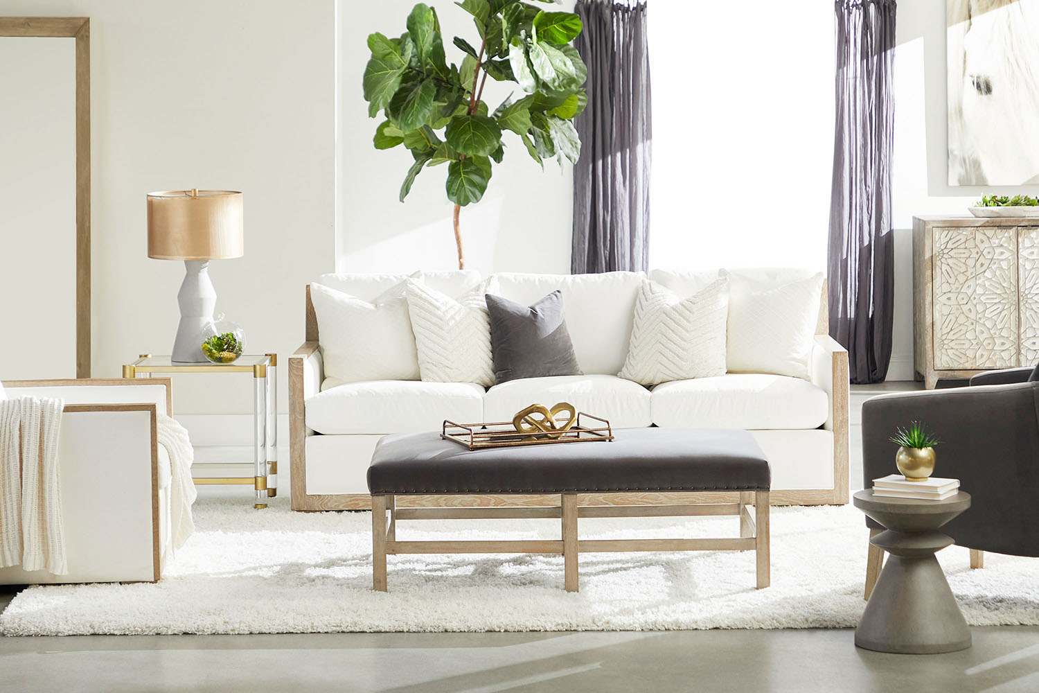 Essentials - Manhattan 85" Wood Trim Sofa in LiveSmart Peyton Pearl Natural Gray