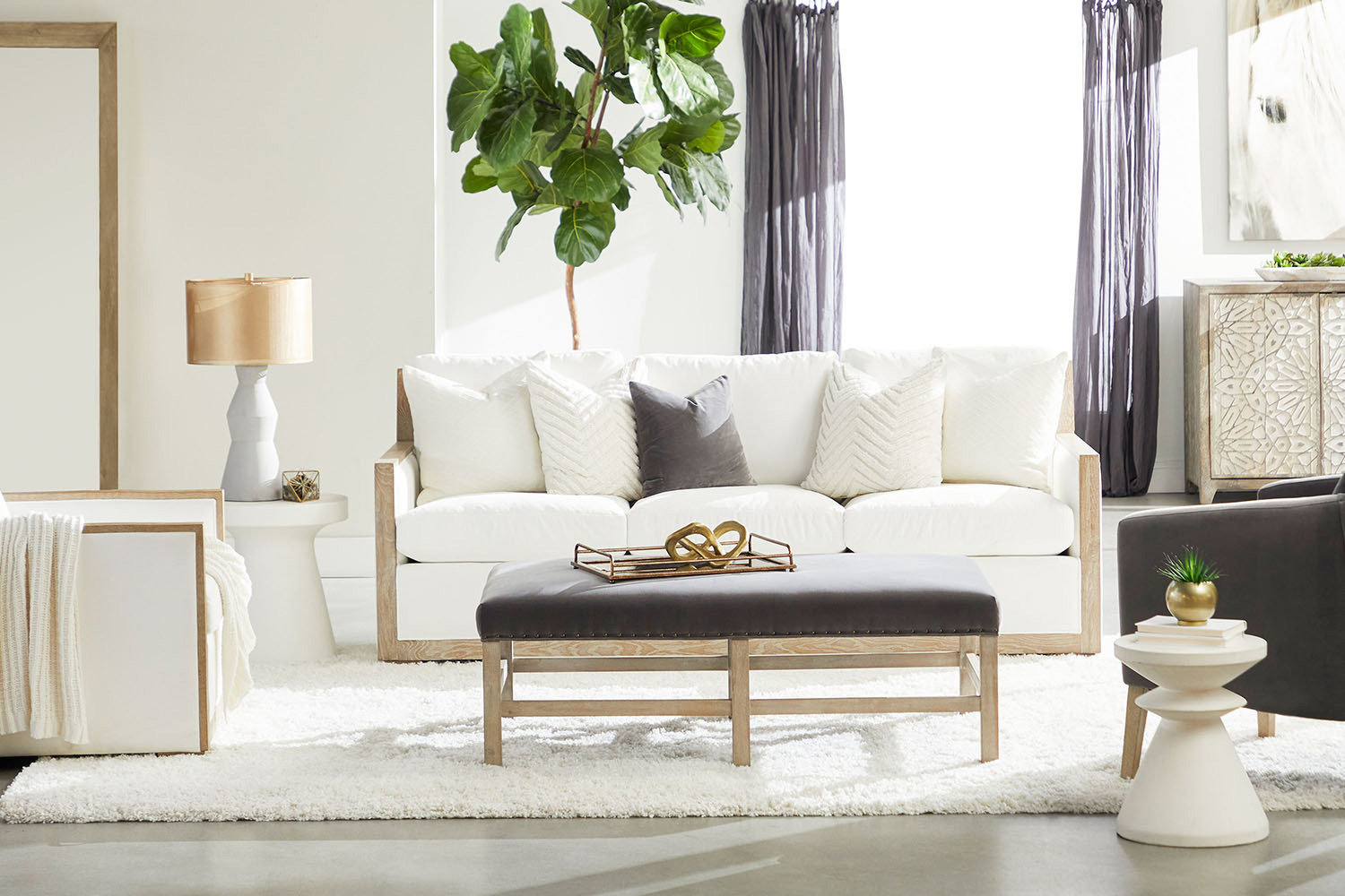 Essentials - Manhattan 85" Wood Trim Sofa in LiveSmart Peyton Pearl Natural Gray