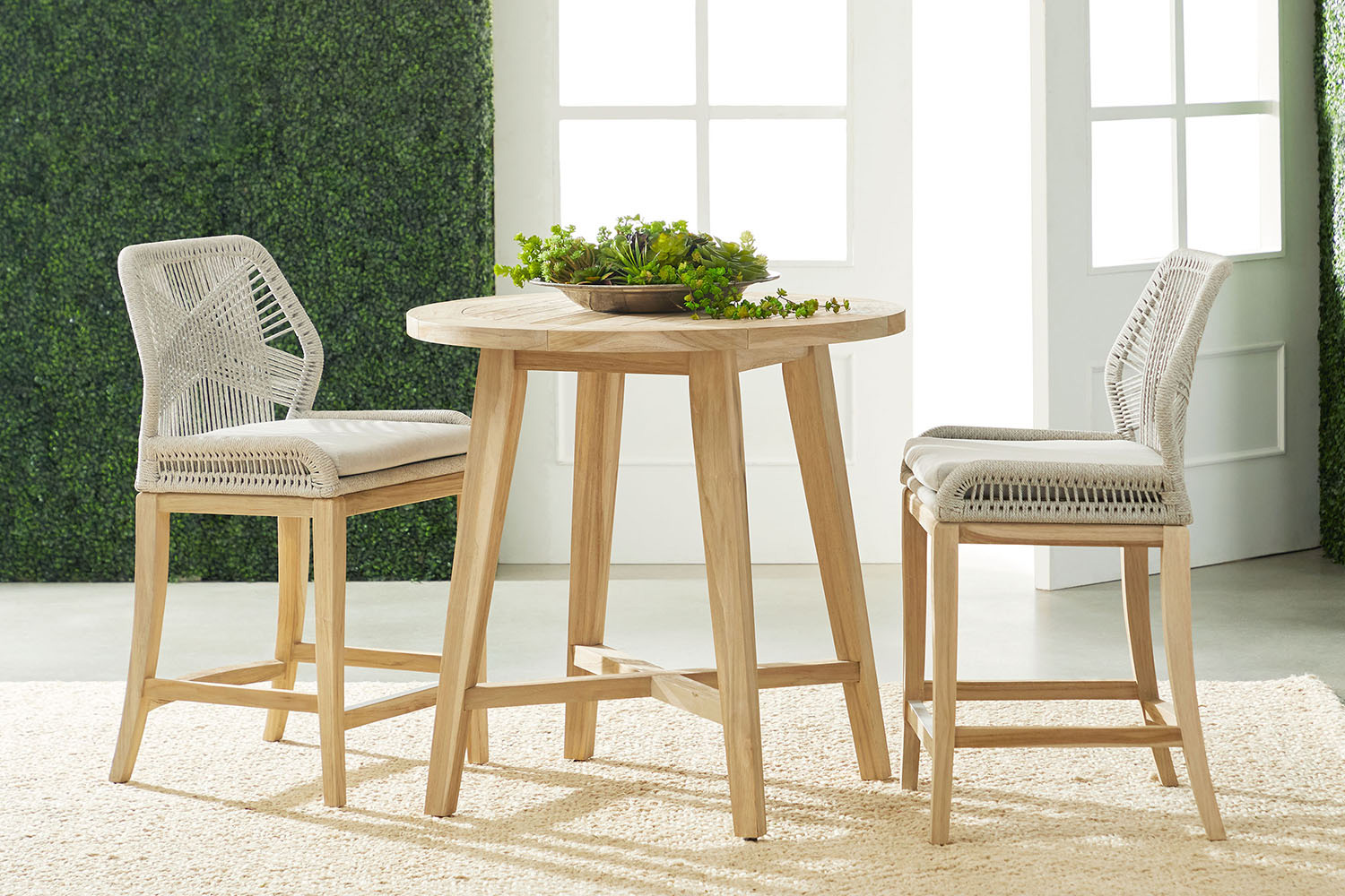 Essentials Woven Loom Outdoor Counter Stool - Taupe White Gray Teak