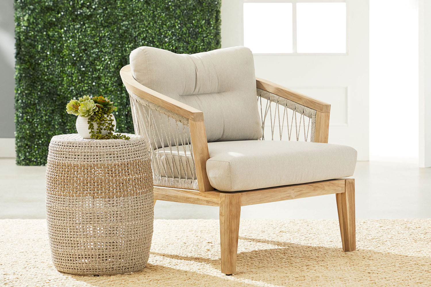 Essentials - Woven Web Outdoor Club Chair in Taupe White