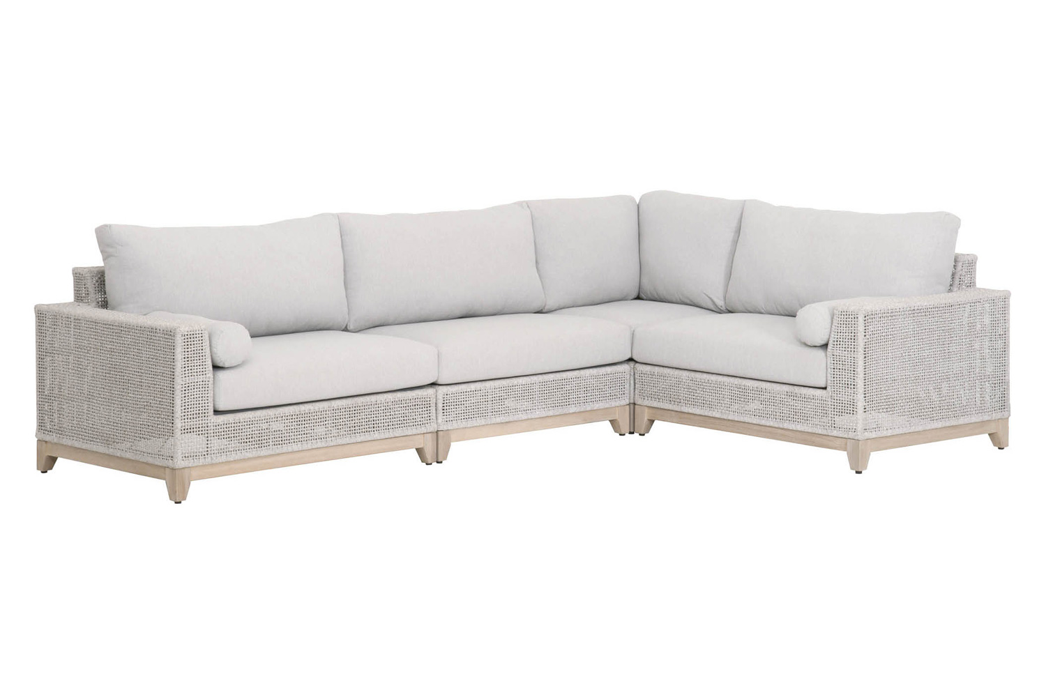 Essentials Woven Tropez Outdoor Modular Left Facing 1-Arm Sofa - Gray Teak/Taupe & White Flat, Performance Pumice