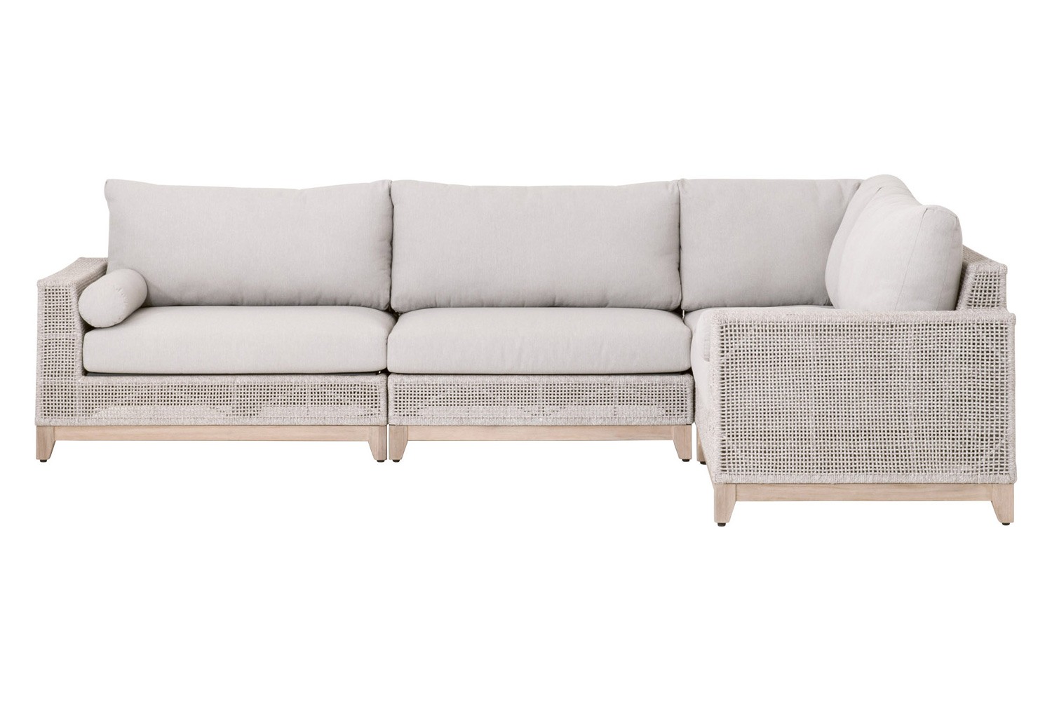 Essentials Woven Tropez Outdoor Modular Left Facing 1-Arm Sofa - Gray Teak/Taupe & White Flat, Performance Pumice