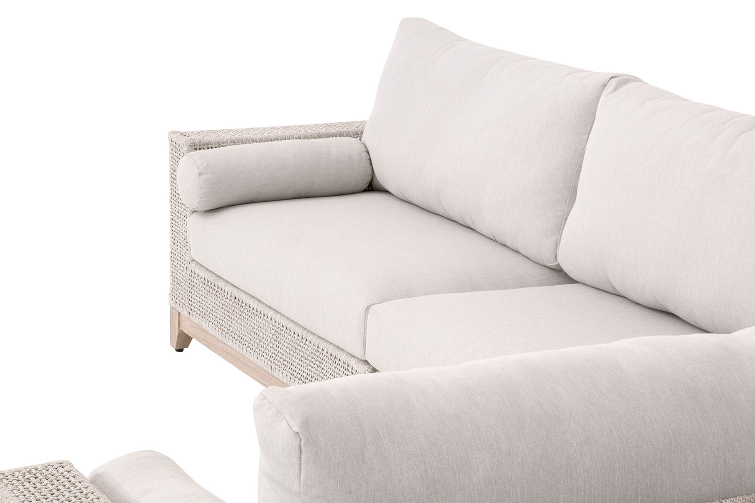 Essentials Woven Tropez Outdoor Modular Left Facing 1-Arm Sofa - Gray Teak/Taupe & White Flat, Performance Pumice