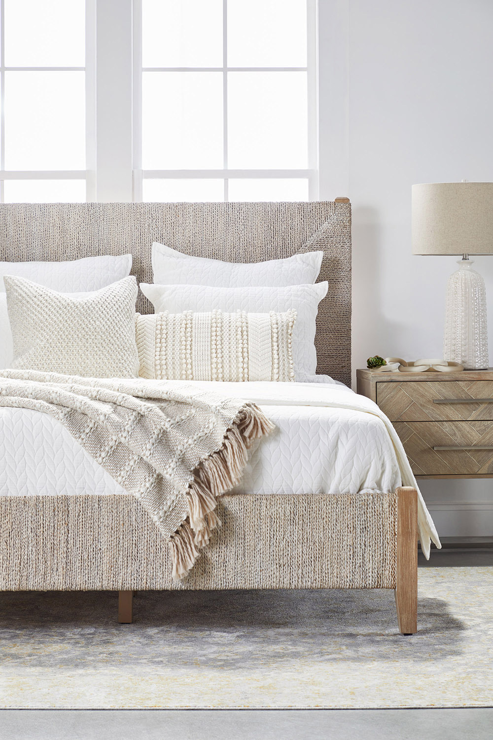 Essentials Woven Malay Queen Bed - White Wash Natural Gray