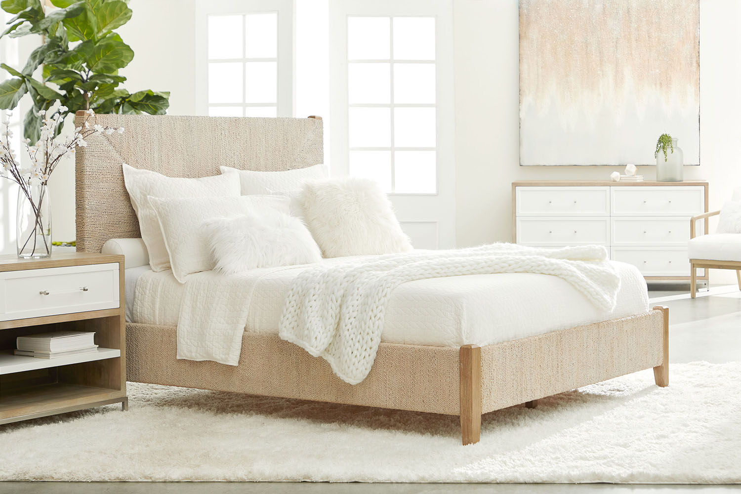 Essentials Woven Malay Queen Bed - White Wash Natural Gray