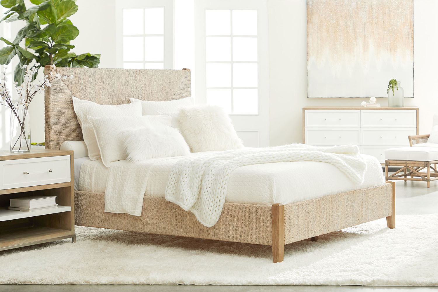 Essentials Woven Malay Queen Bed - White Wash Natural Gray