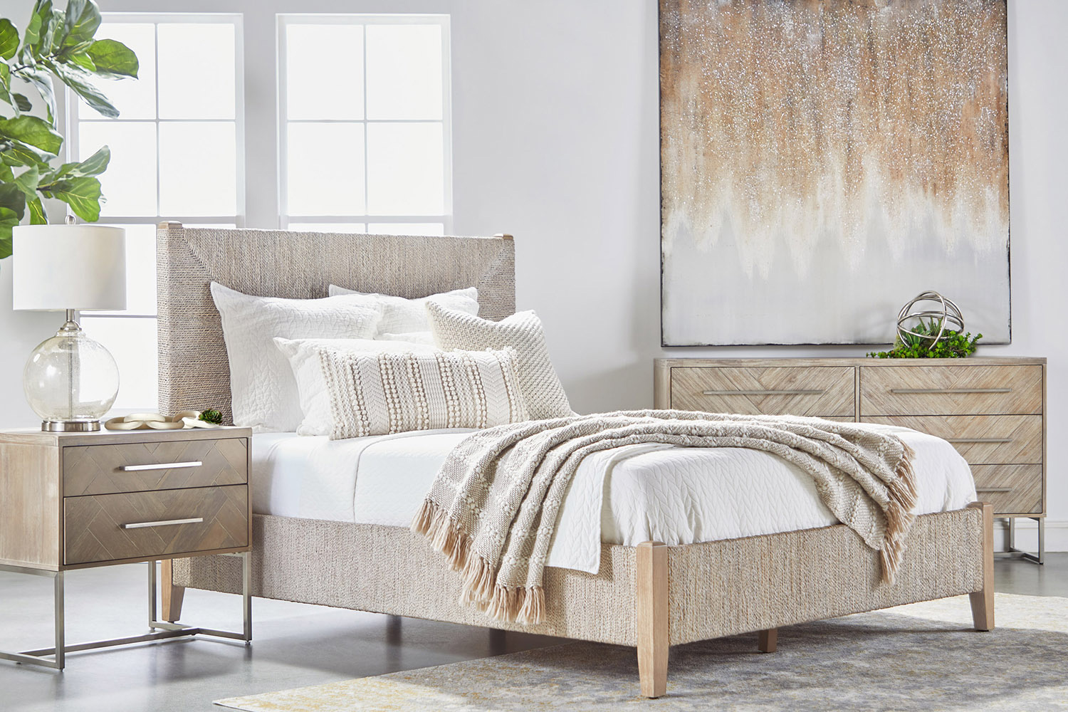 Essentials Woven Malay Queen Bed - White Wash Natural Gray