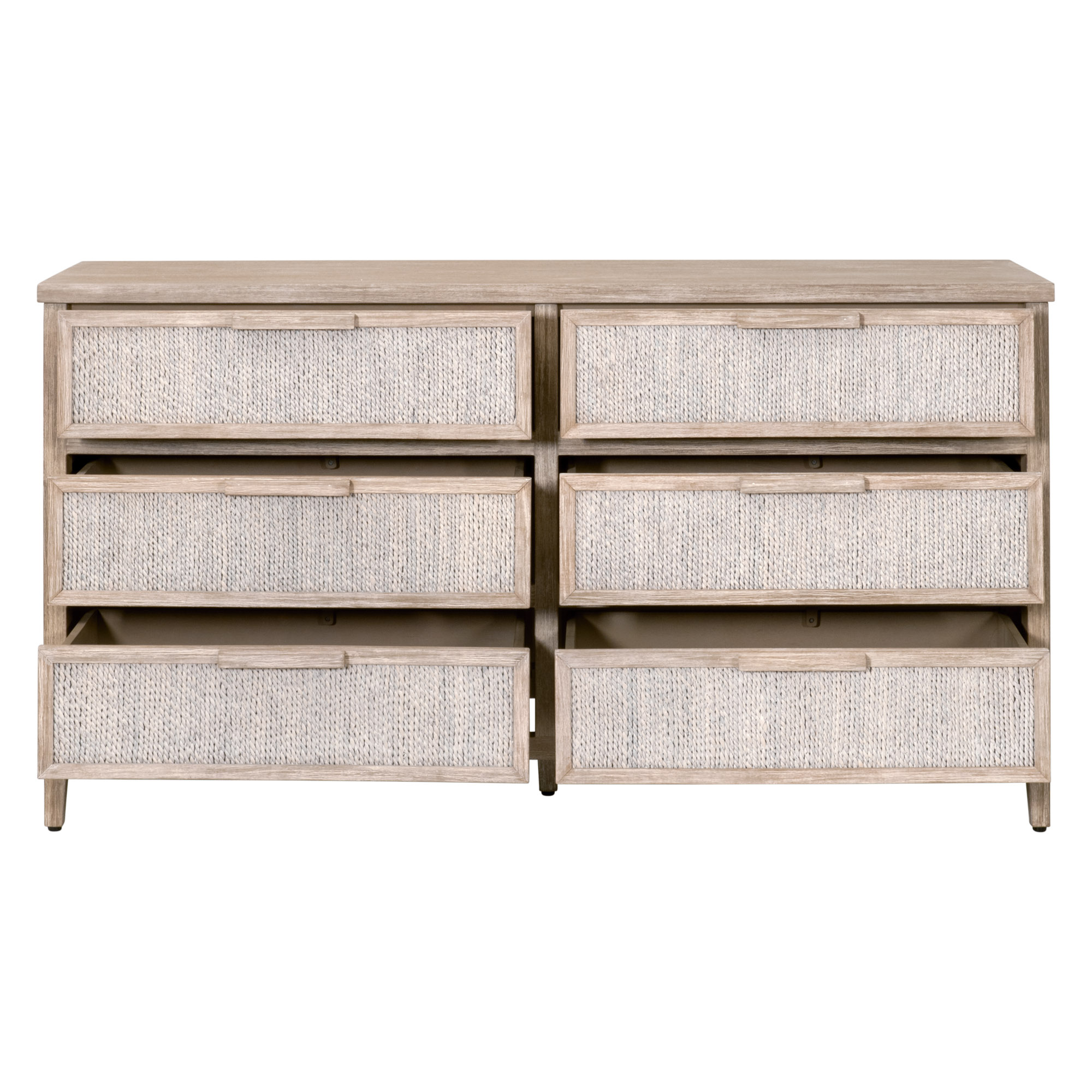 Essentials - Malay 6-Drawer Double Dresser in White Wash Abaca Rope, Natural Gray Mahogany