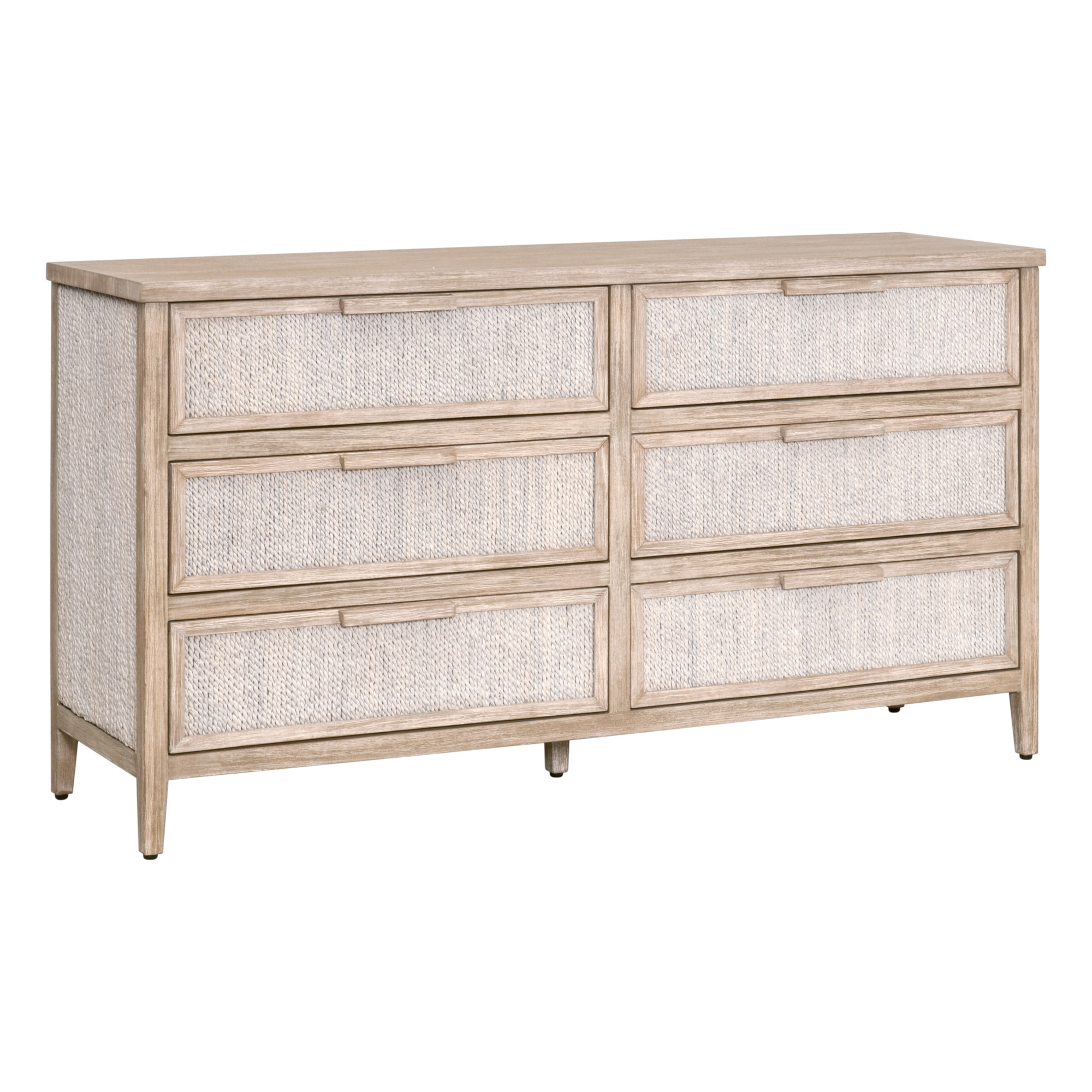 Essentials - Malay 6-Drawer Double Dresser in White Wash Abaca Rope, Natural Gray Mahogany