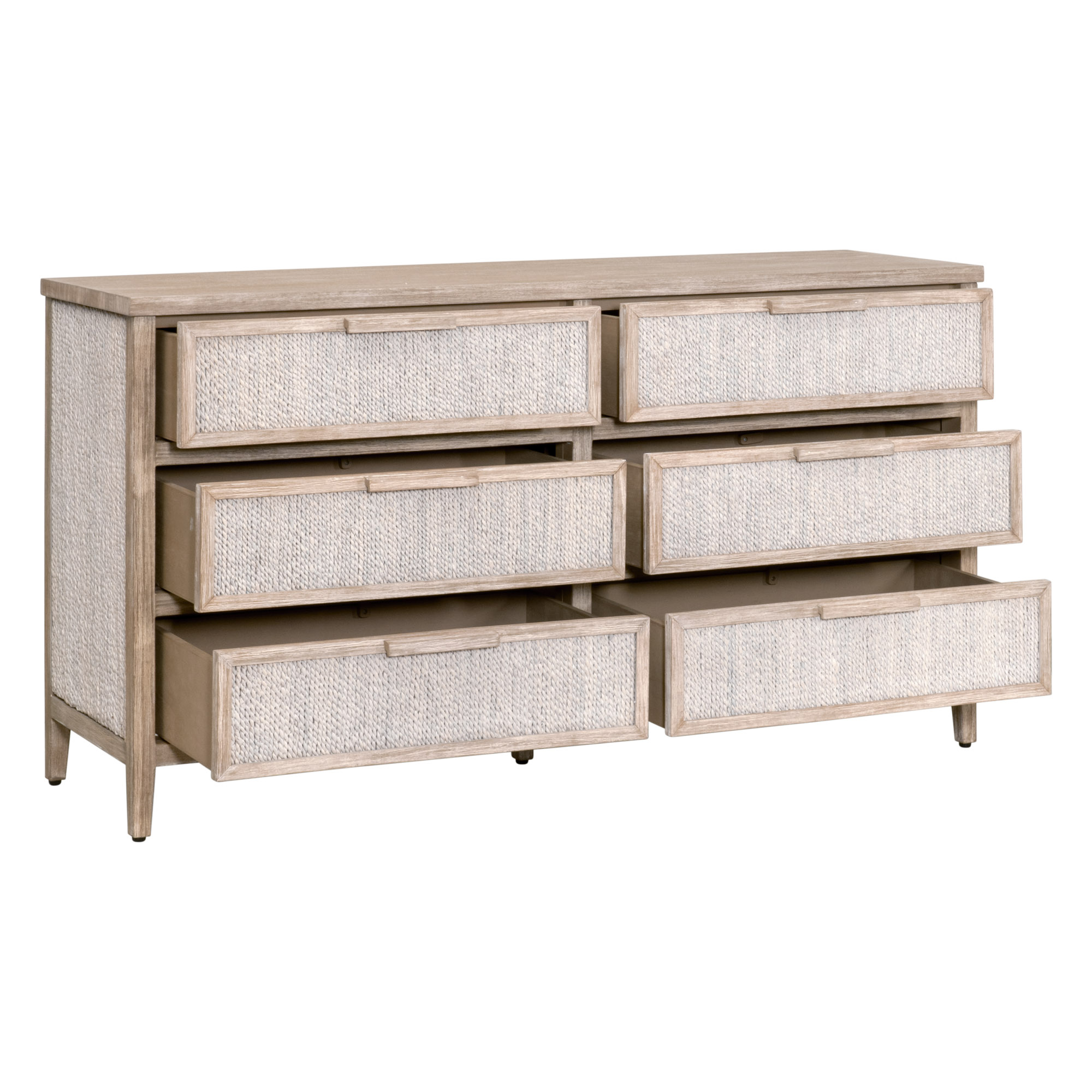 Essentials - Malay 6-Drawer Double Dresser in White Wash Abaca Rope, Natural Gray Mahogany