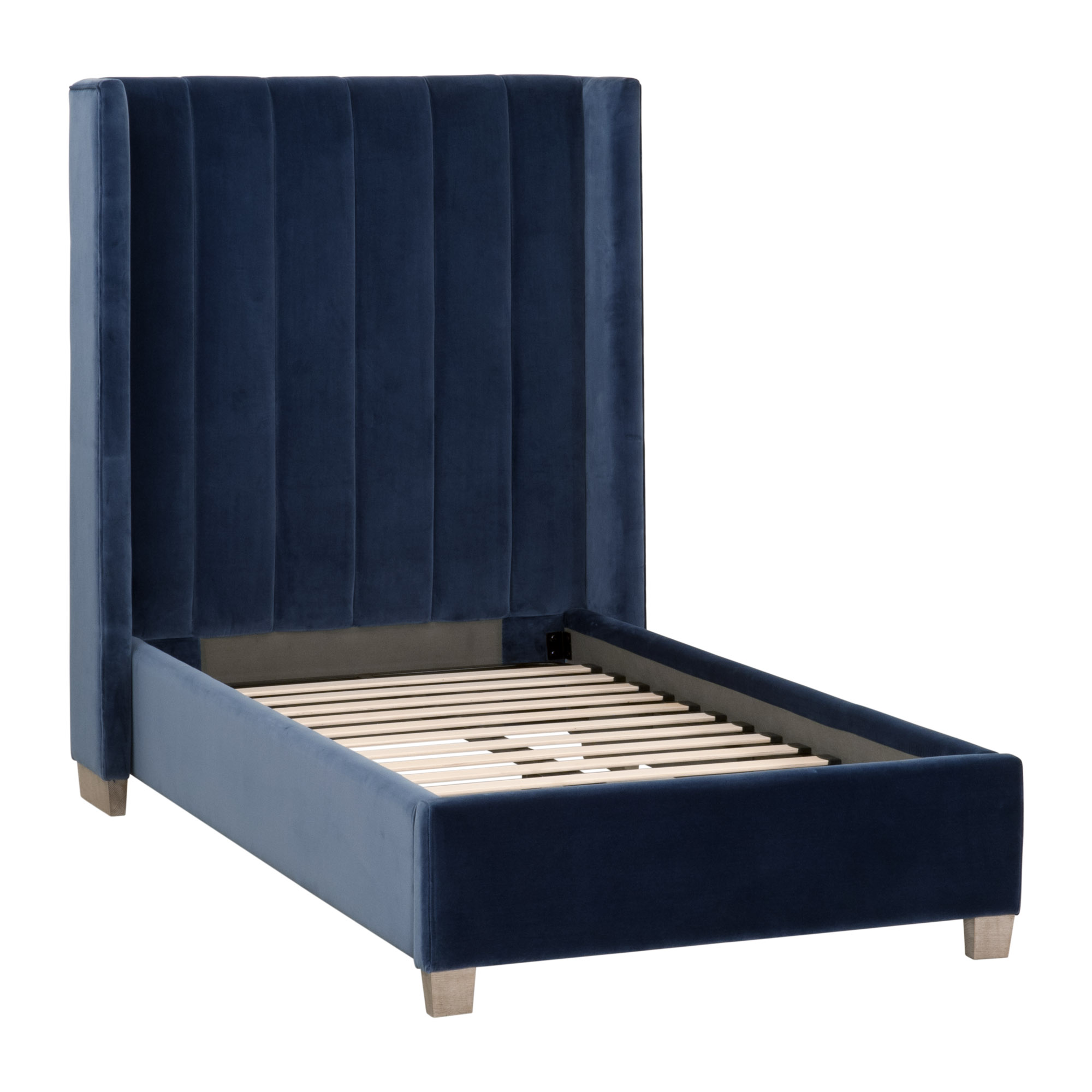 Essentials - Chandler Twin Size Upholstered Bed in Denim Velvet, Natural Gray Oak