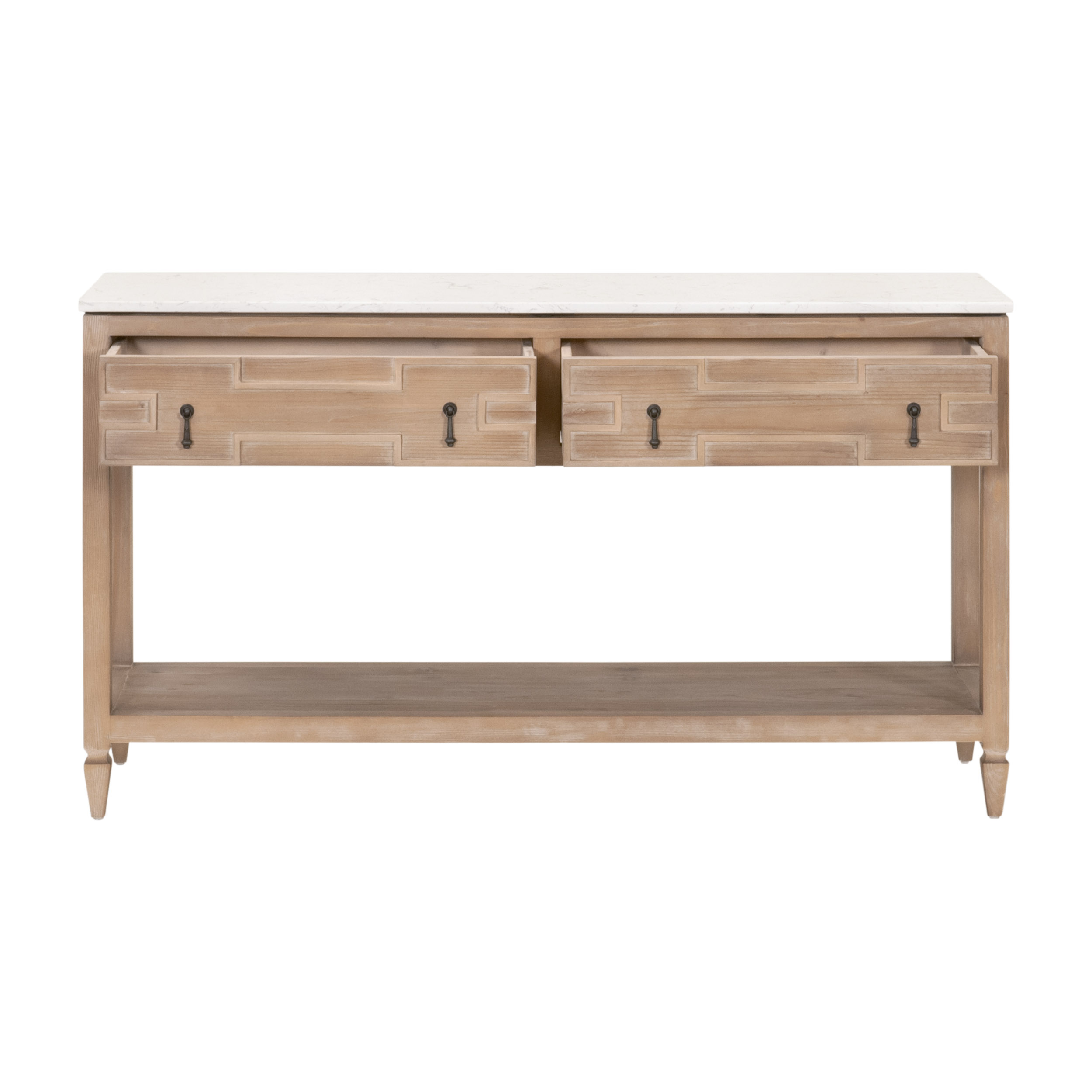 Essentials Bella Antique Emerie 2-Drawer Entry Console - Smoke Gray Pine, White Quartz