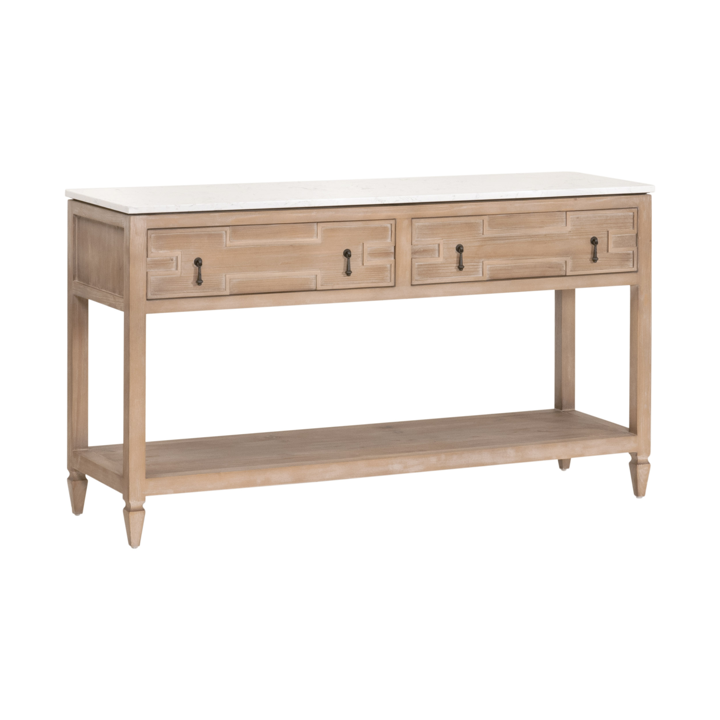 Essentials Bella Antique Emerie 2-Drawer Entry Console - Smoke Gray Pine, White Quartz