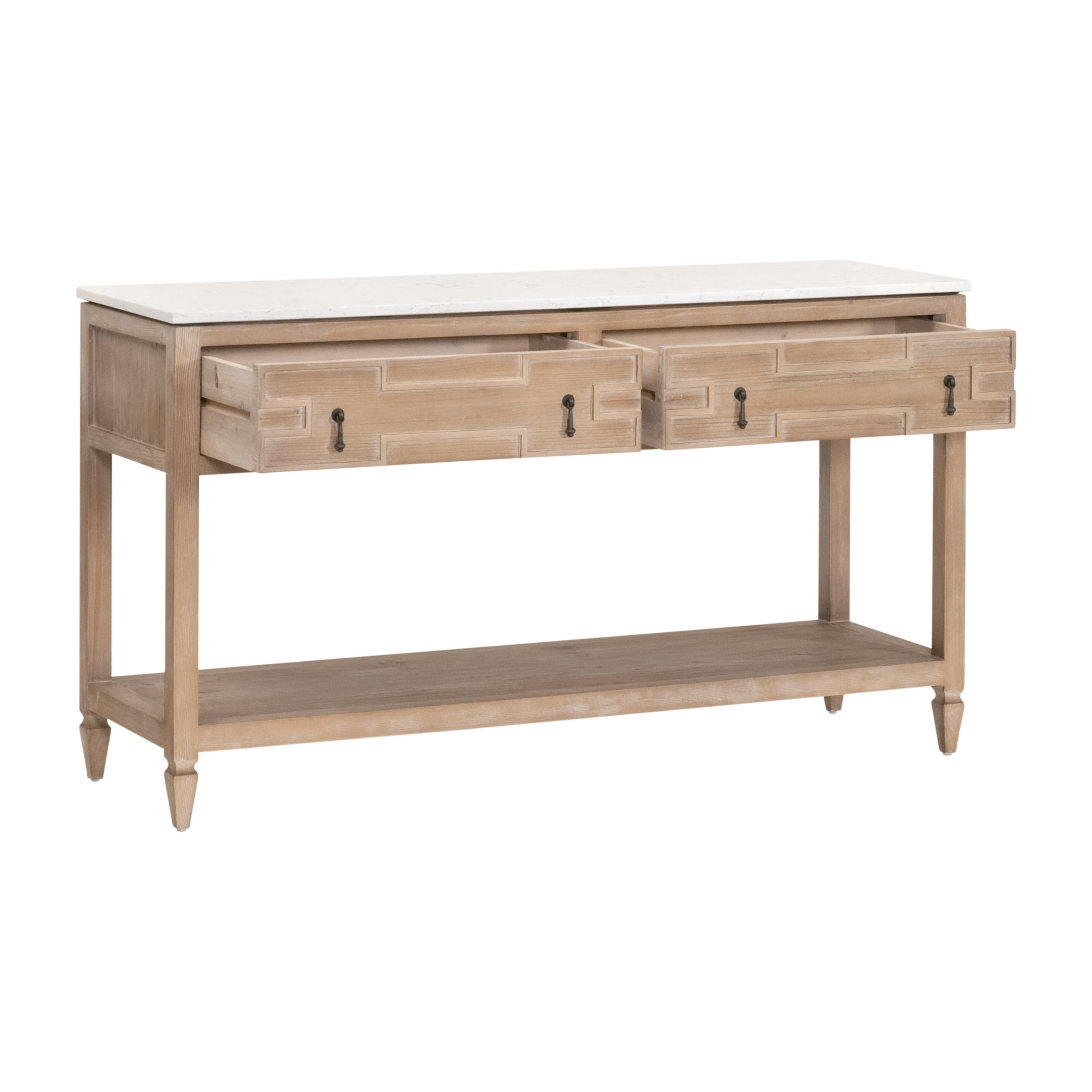 Essentials Bella Antique Emerie 2-Drawer Entry Console - Smoke Gray Pine, White Quartz