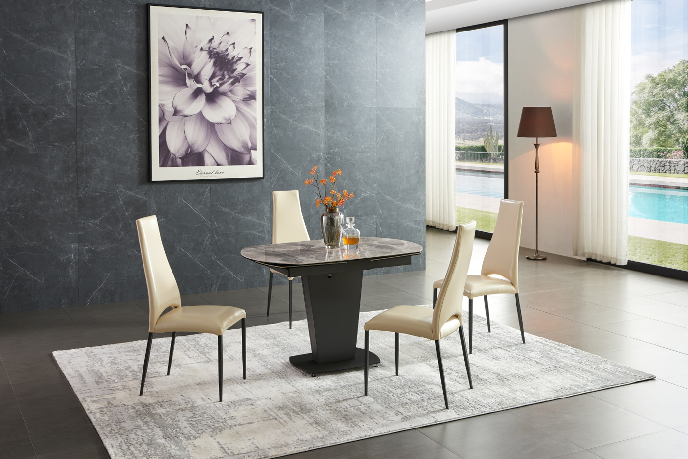 Extravaganza™ 2417 Marble Table Gray with 3405 Beige Chairs