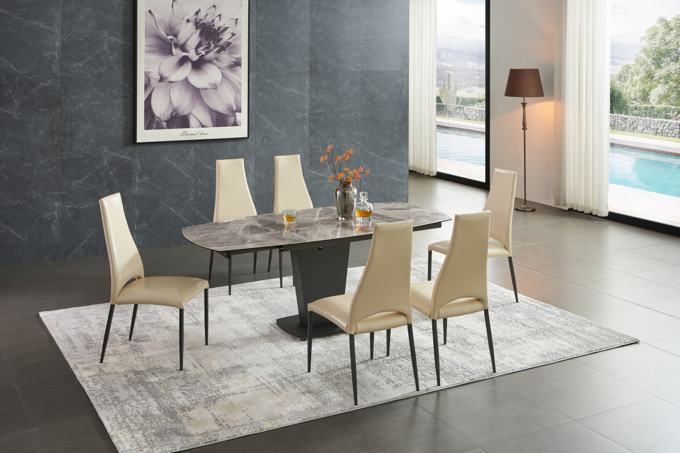 Extravaganza™ 2417 Marble Table Gray with 3405 Beige Chairs