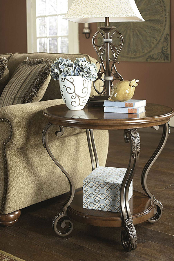 FaFurn - Accent End Table Nightstand in Brown Wood with Scrolling Metal Legs