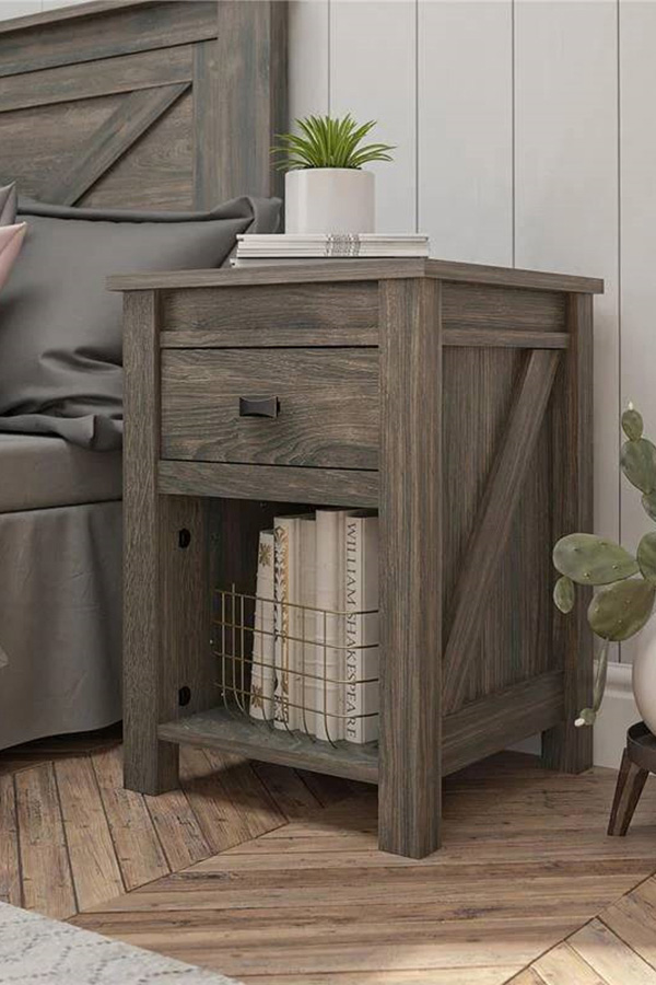 FaFurn Farmhouse 1-Drawer Bedroom Nightstand with Open Shelf - Gray Oak