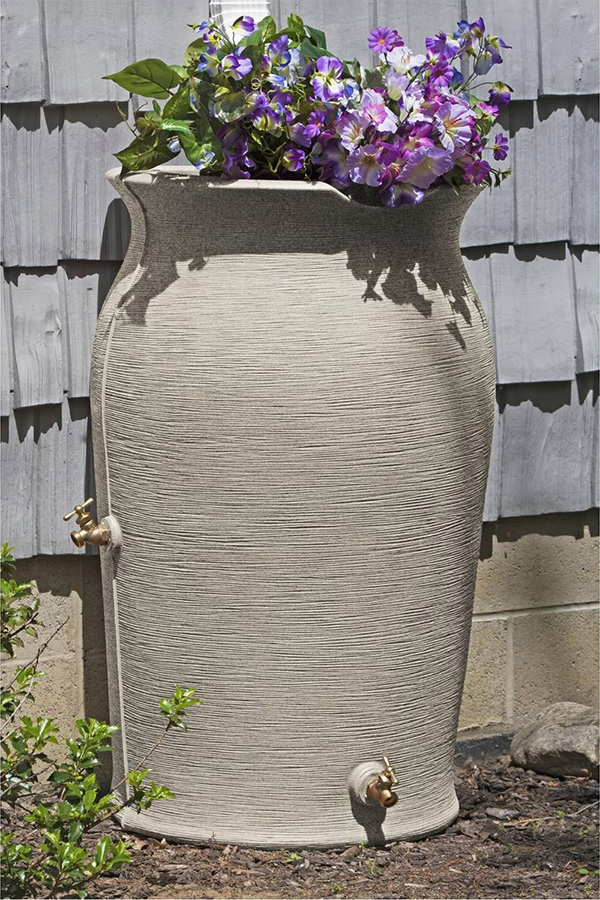 FaFurn 50-Gallon Plastic Urn Rain Barrel with Planter Top - Gray Sand