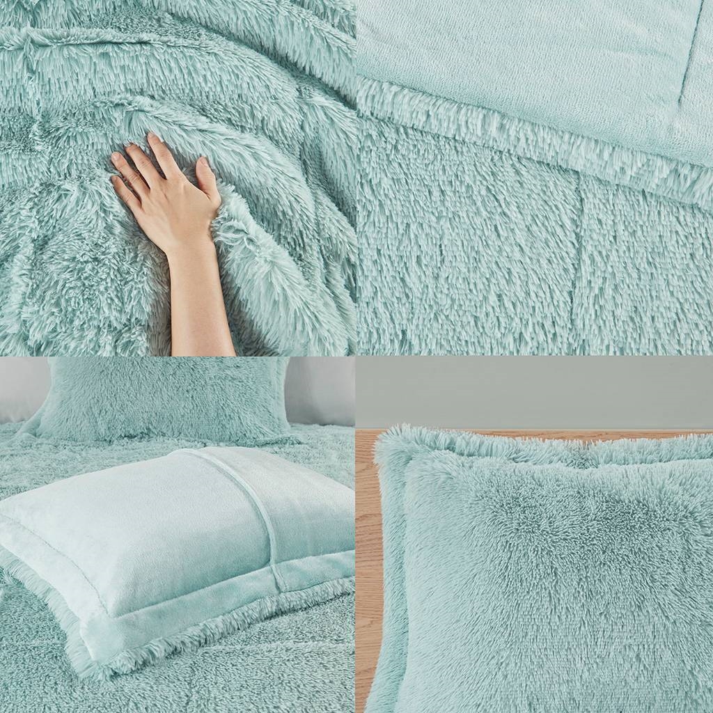 FaFurn 3-Piece Full/Queen Size Comforter Set with Pillow Shams - Light Teal Blue, Soft Sherpa Faux Fur