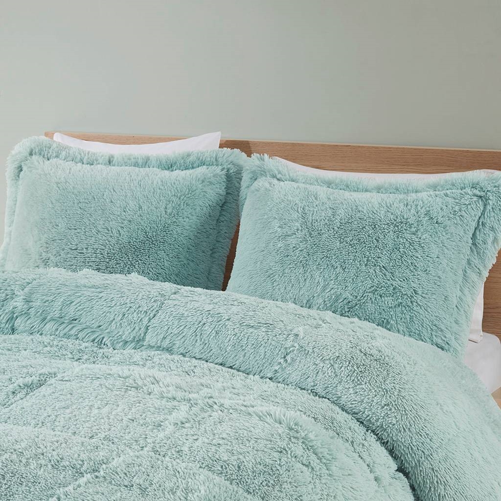 FaFurn 3-Piece Full/Queen Size Comforter Set with Pillow Shams - Light Teal Blue, Soft Sherpa Faux Fur