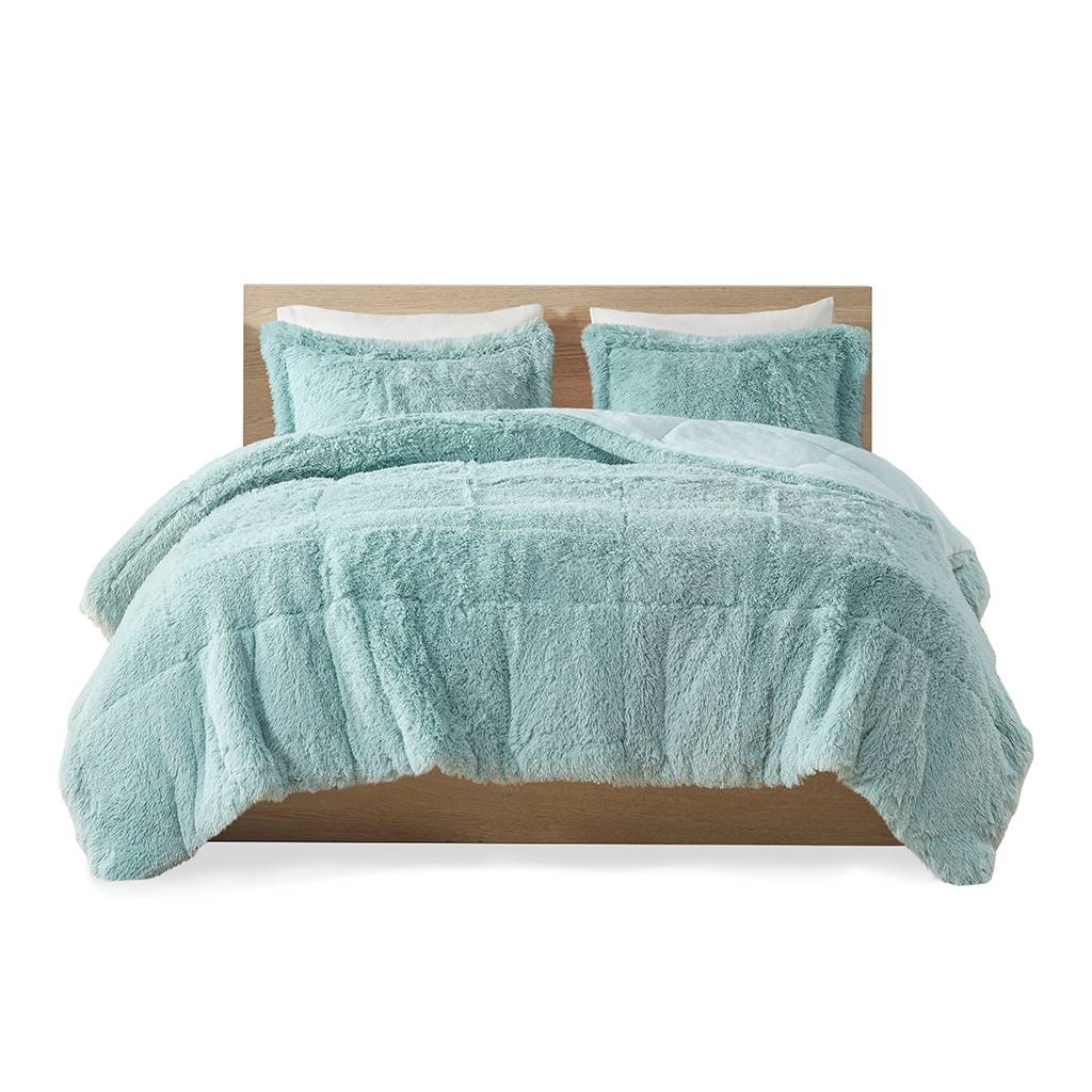 FaFurn 3-Piece Full/Queen Size Comforter Set with Pillow Shams - Light Teal Blue, Soft Sherpa Faux Fur