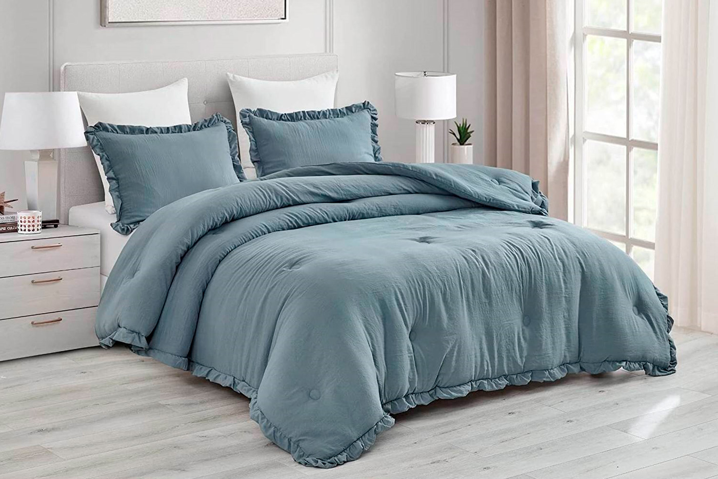 FaFurn Full Size 3-Piece Ruffled Edge Comforter Set - Blue, Stone Wash/Microfiber