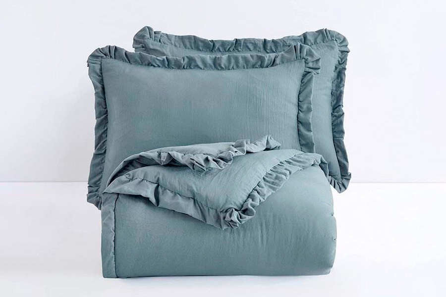 FaFurn Full Size 3-Piece Ruffled Edge Comforter Set - Blue, Stone Wash/Microfiber