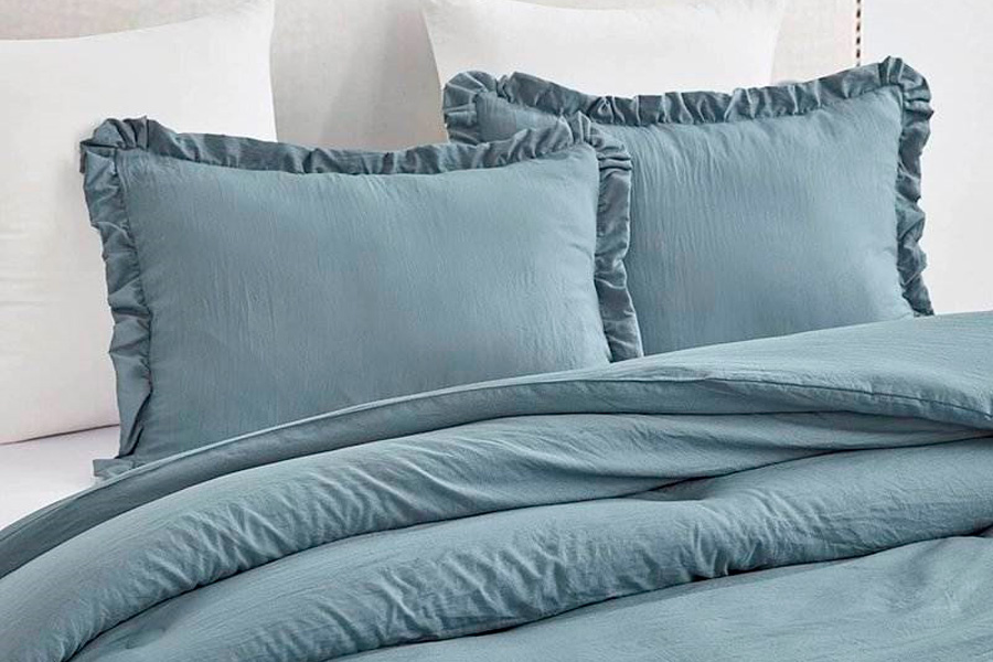 FaFurn Full Size 3-Piece Ruffled Edge Comforter Set - Blue, Stone Wash/Microfiber