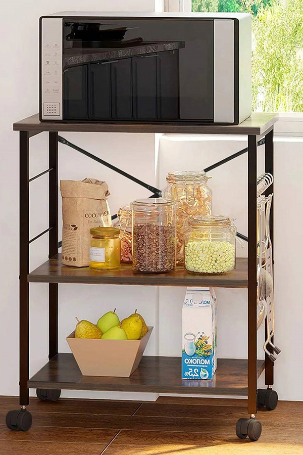 FaFurn - Industrial 3-Shelf Metal Wood Rustic Brown Baker'S Rack Kitchen Microwave Cart