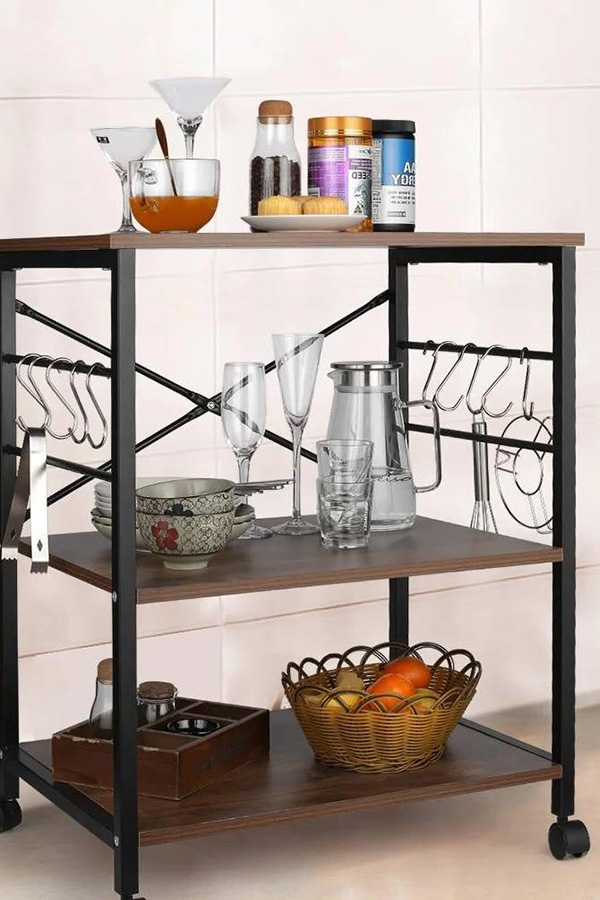 FaFurn - Industrial 3-Shelf Metal Wood Rustic Brown Baker'S Rack Kitchen Microwave Cart