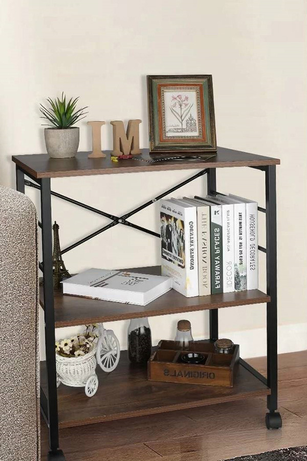 FaFurn - Industrial 3-Shelf Metal Wood Rustic Brown Baker'S Rack Kitchen Microwave Cart