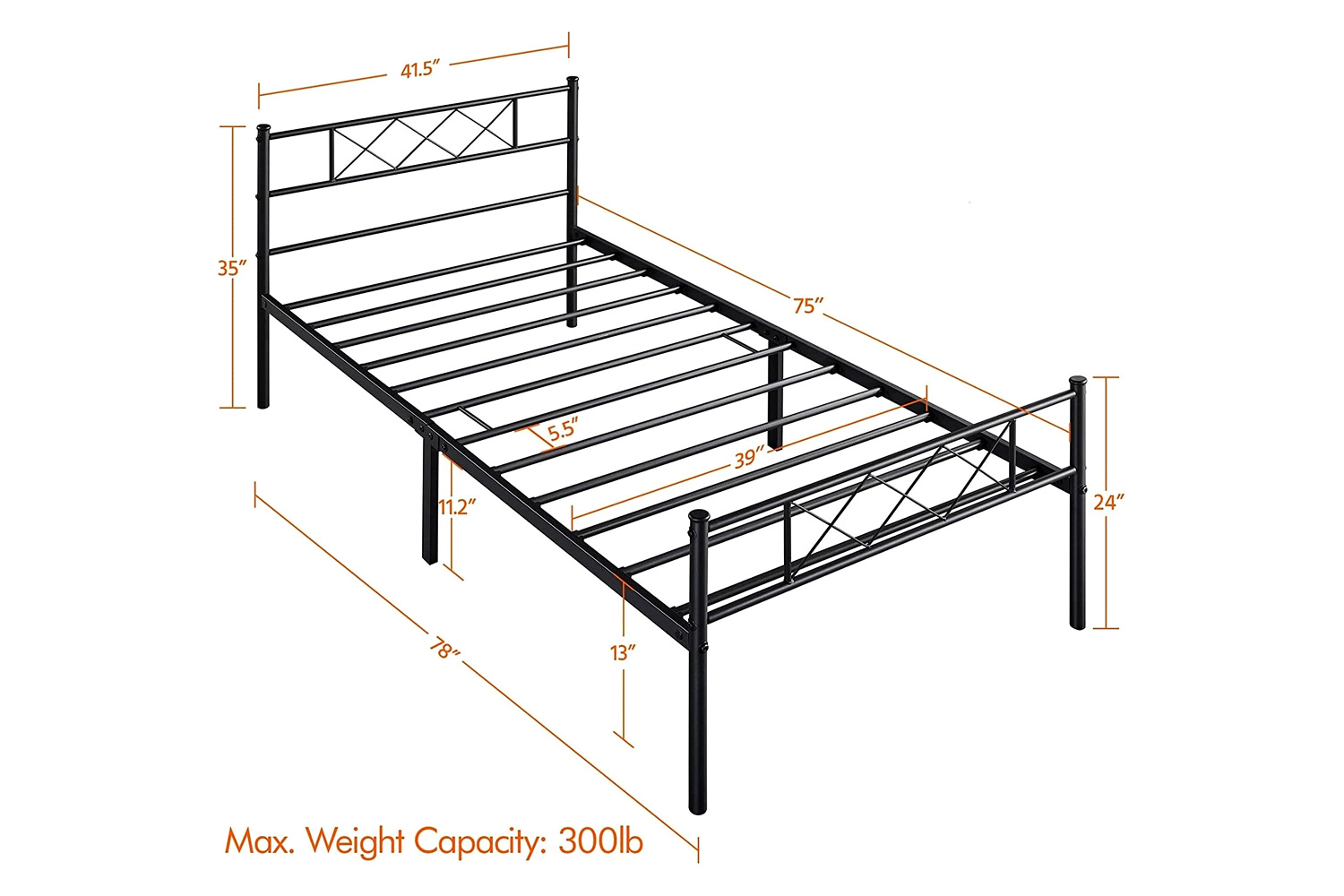 FaFurn™ Traditional Powder Coated Slatted Metal Platform Bed - Twin Size