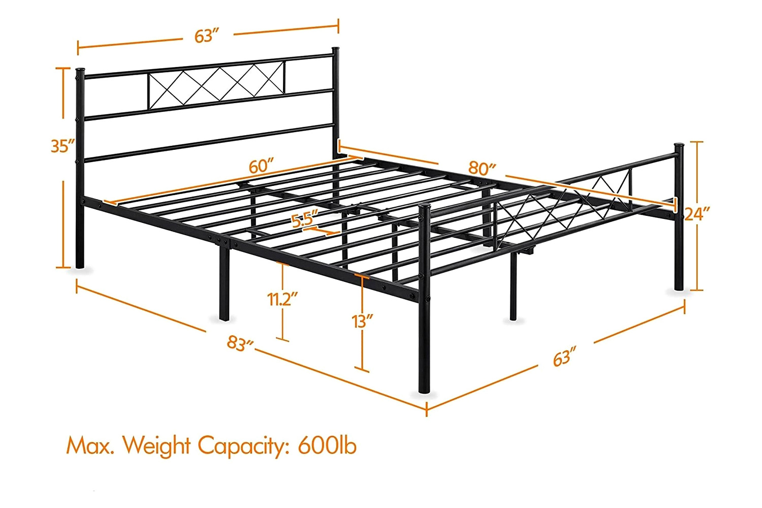 FaFurn Traditional Powder Coated Slatted Metal Platform Bed - Queen Size