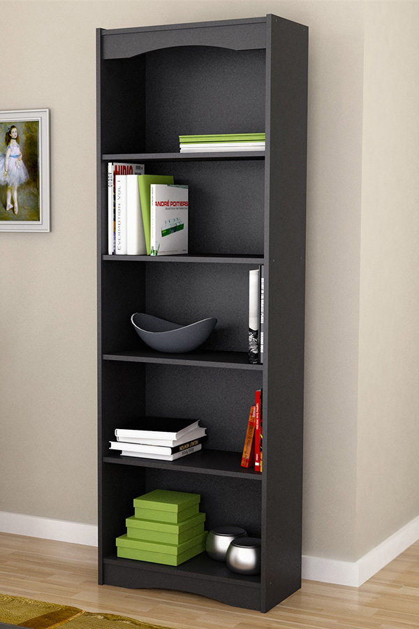 FaFurn - Contemporary Black Bookcase with 5 Shelves and Curved Accents