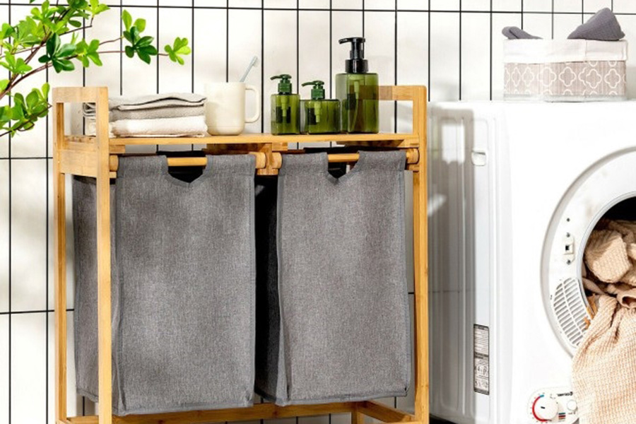 FaFurn - Natural Bamboo 2 Bin Sliding Laundry Hamper with Storage Shelf